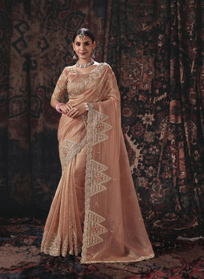 Salsa Peach Festive Wear Heavy Work Sarees