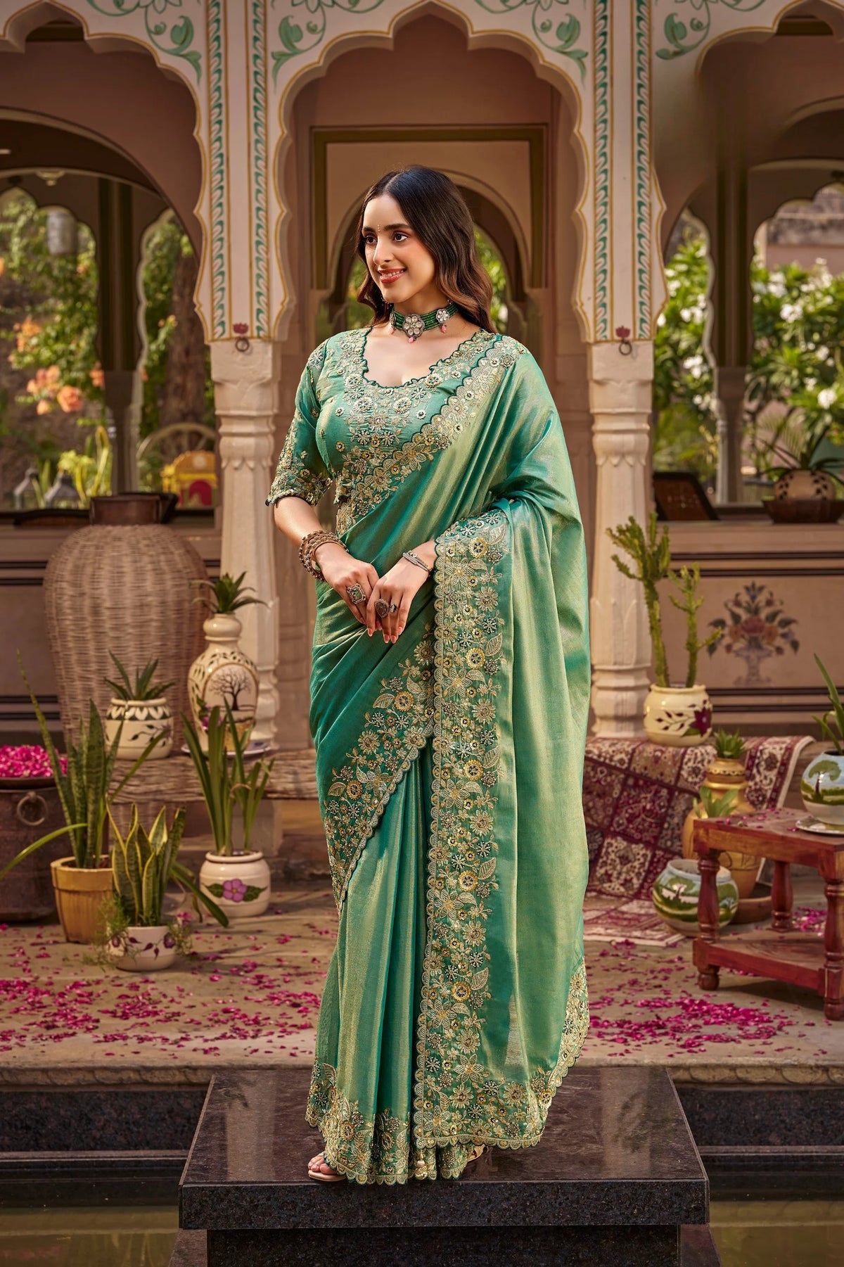 Fancy Based Pure Party Wear Green With Stitched Blouse Saree