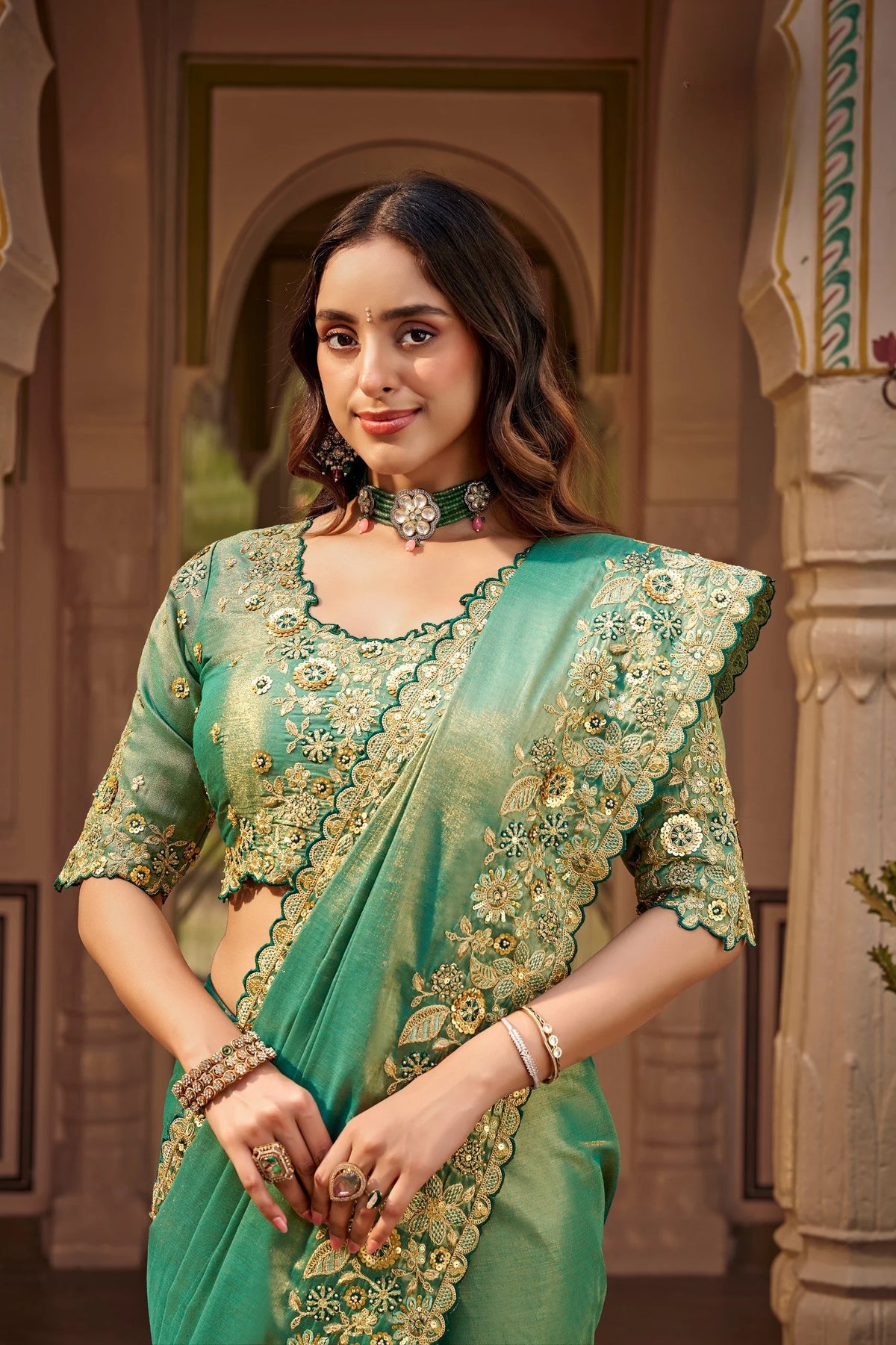 Fancy Based Pure Party Wear Green With Stitched Blouse Saree