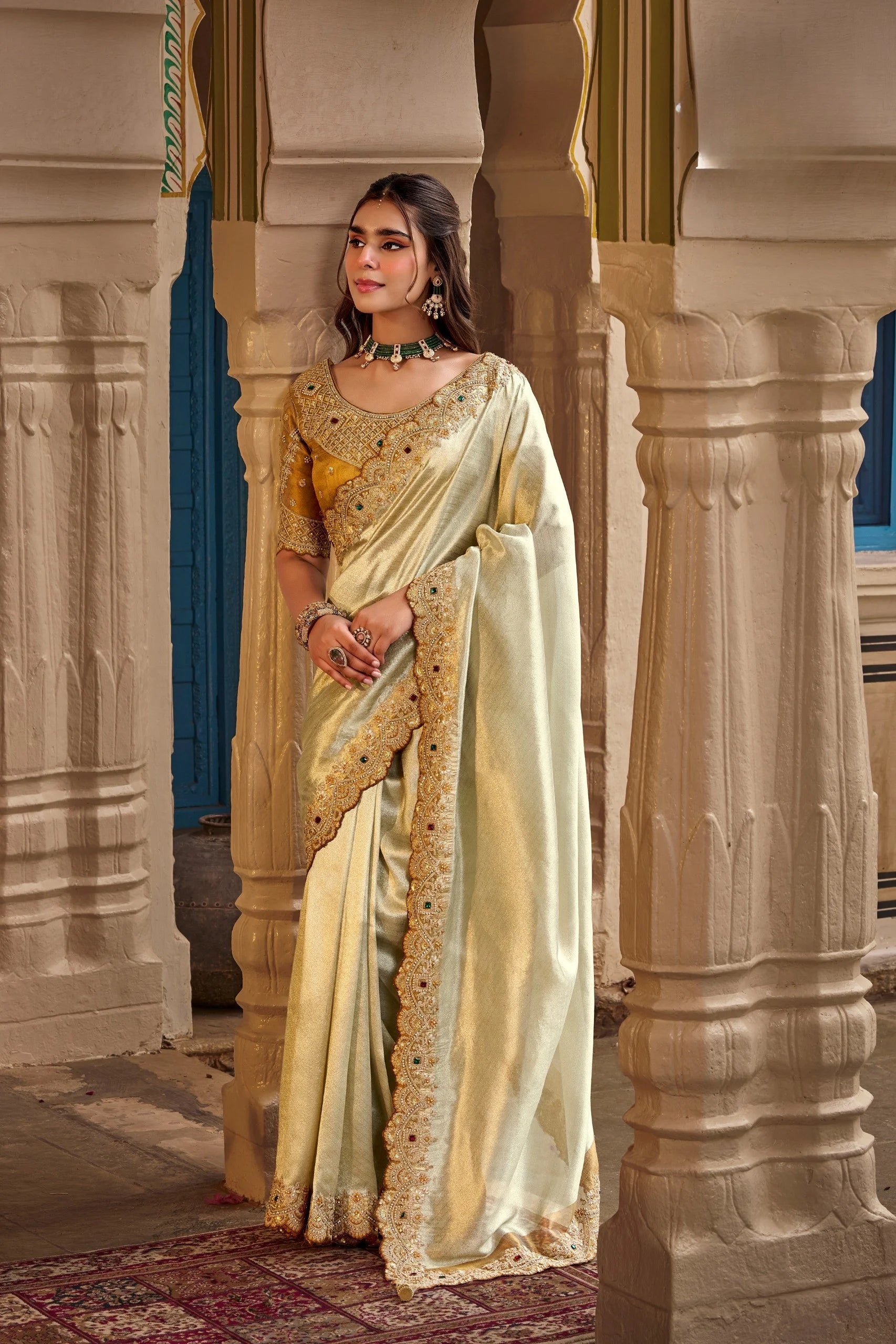 Fancy Based Pure Party Wear Gold With Stitched Blouse Saree