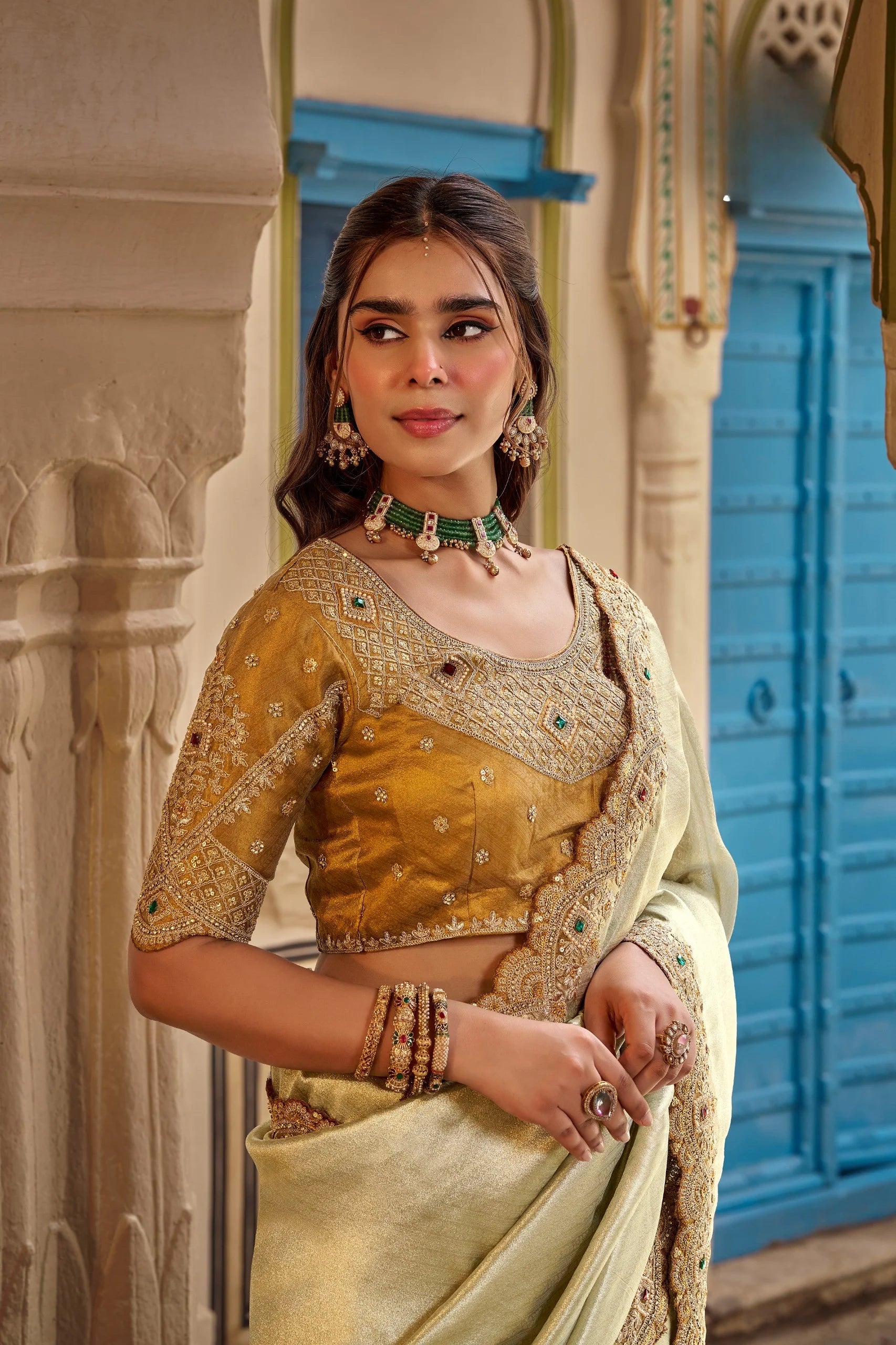 Fancy Based Pure Party Wear Gold With Stitched Blouse Saree