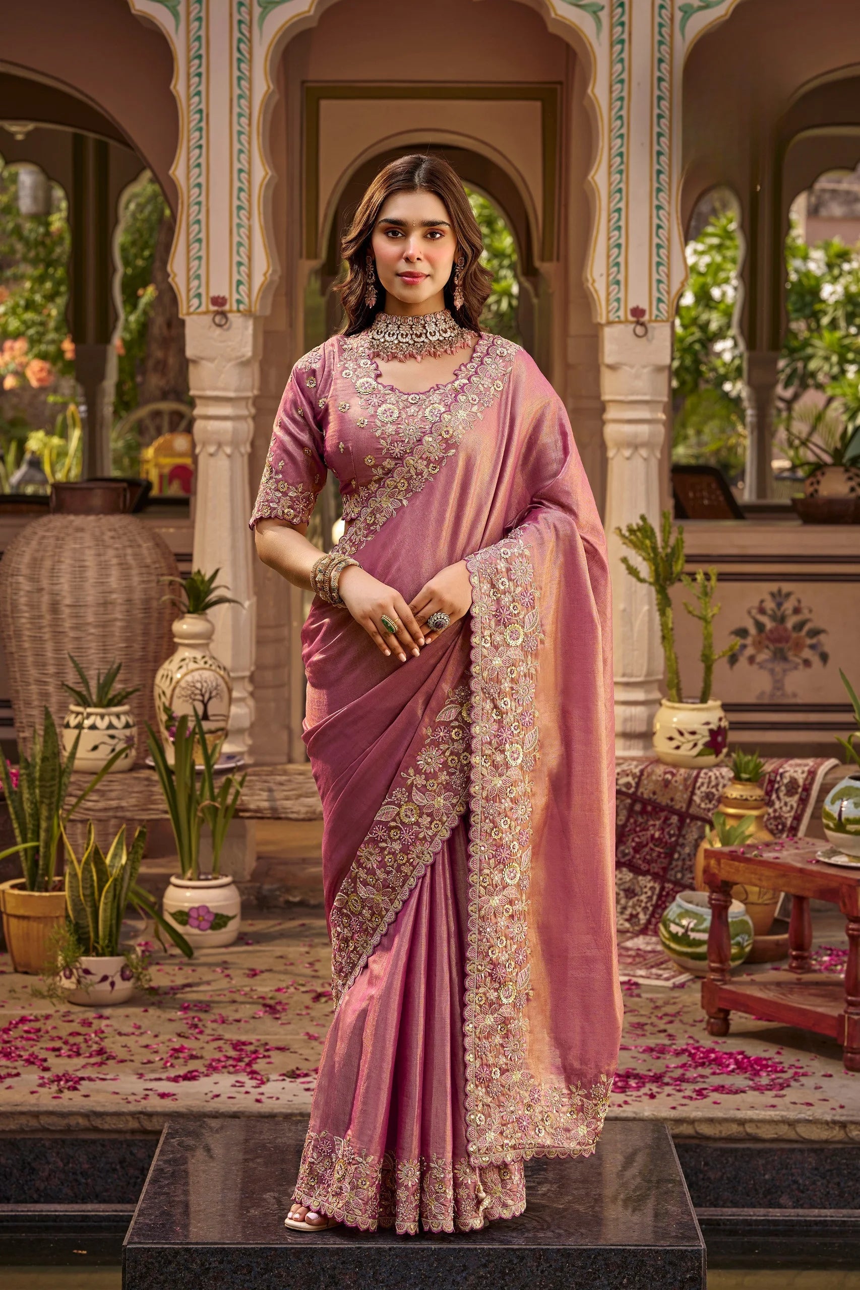 Fancy Based Pure Party Wear Pink With Stitched Blouse Saree