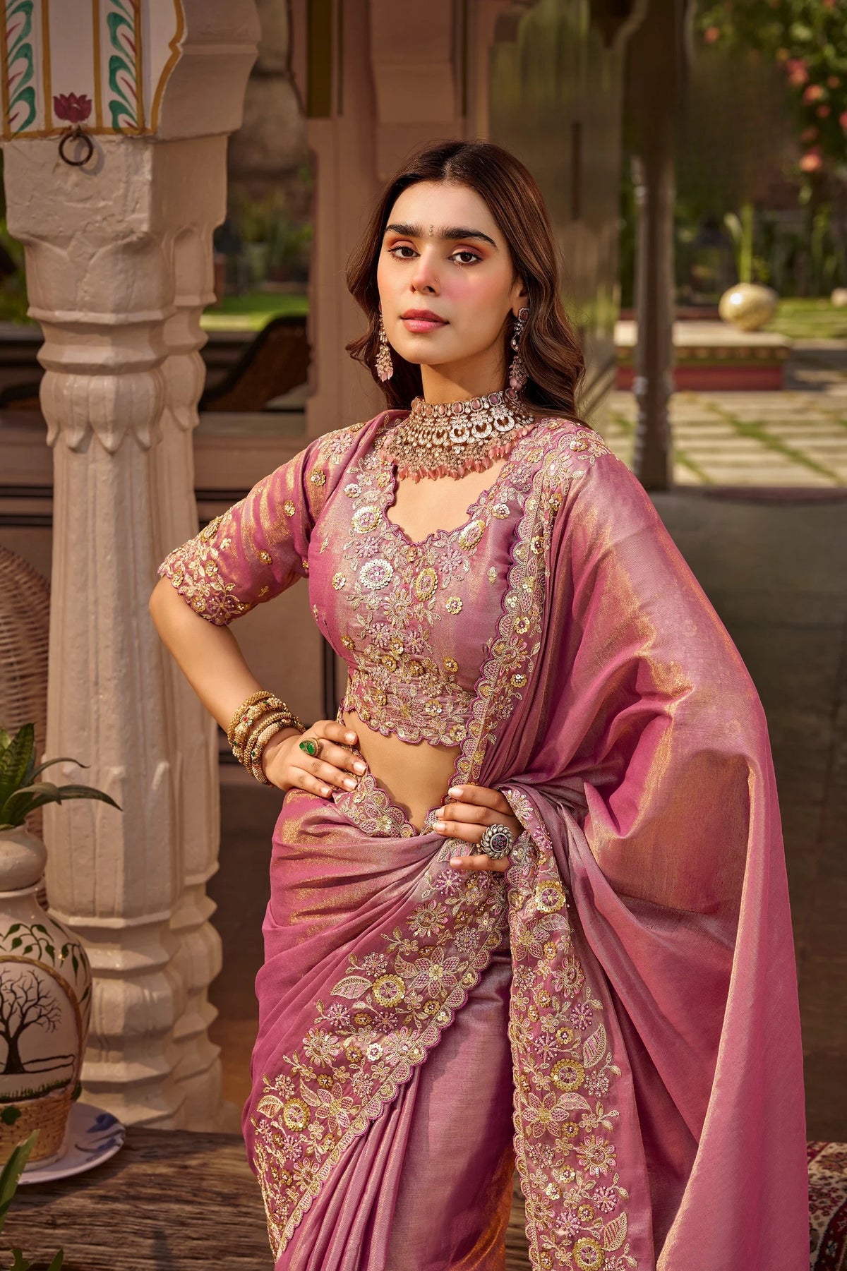 Fancy Based Pure Party Wear Pink With Stitched Blouse Saree