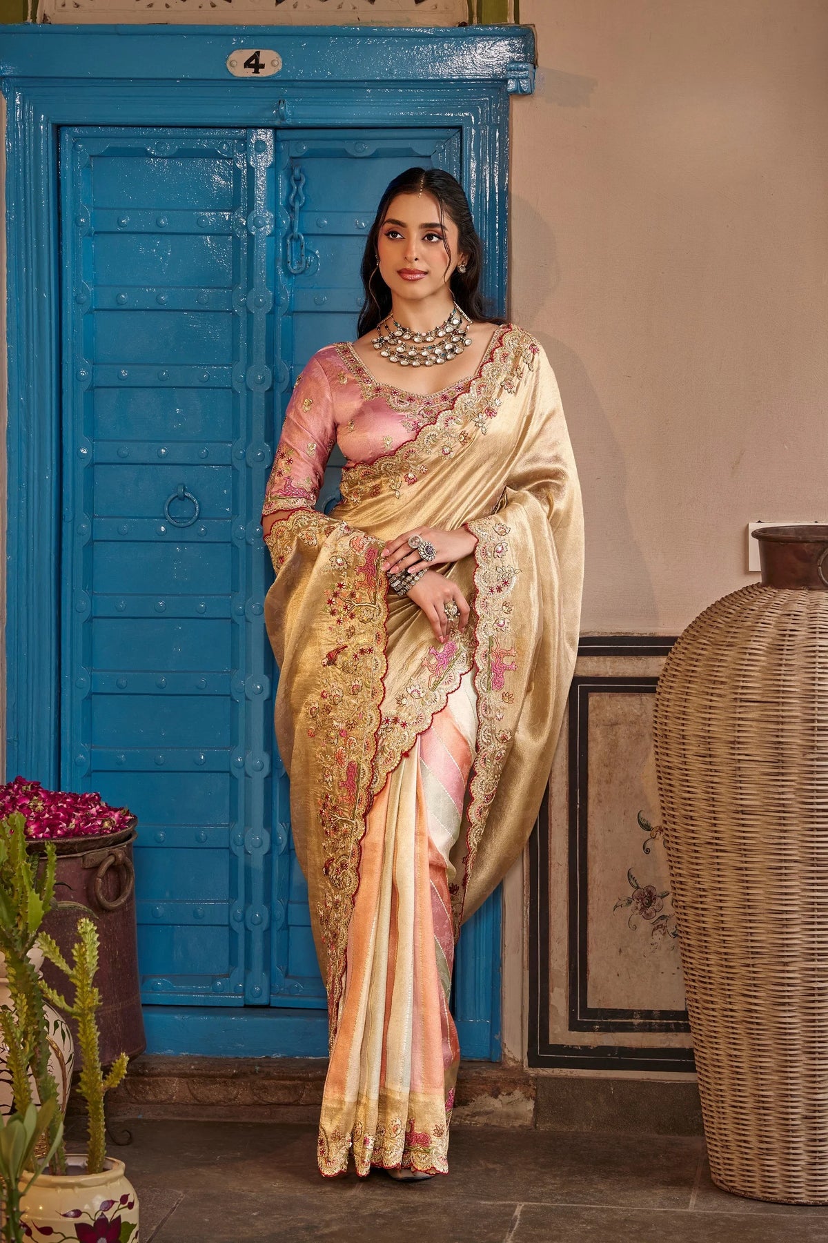 Fancy Based Pure Party Wear Gold Pink With Stitched Blouse Saree