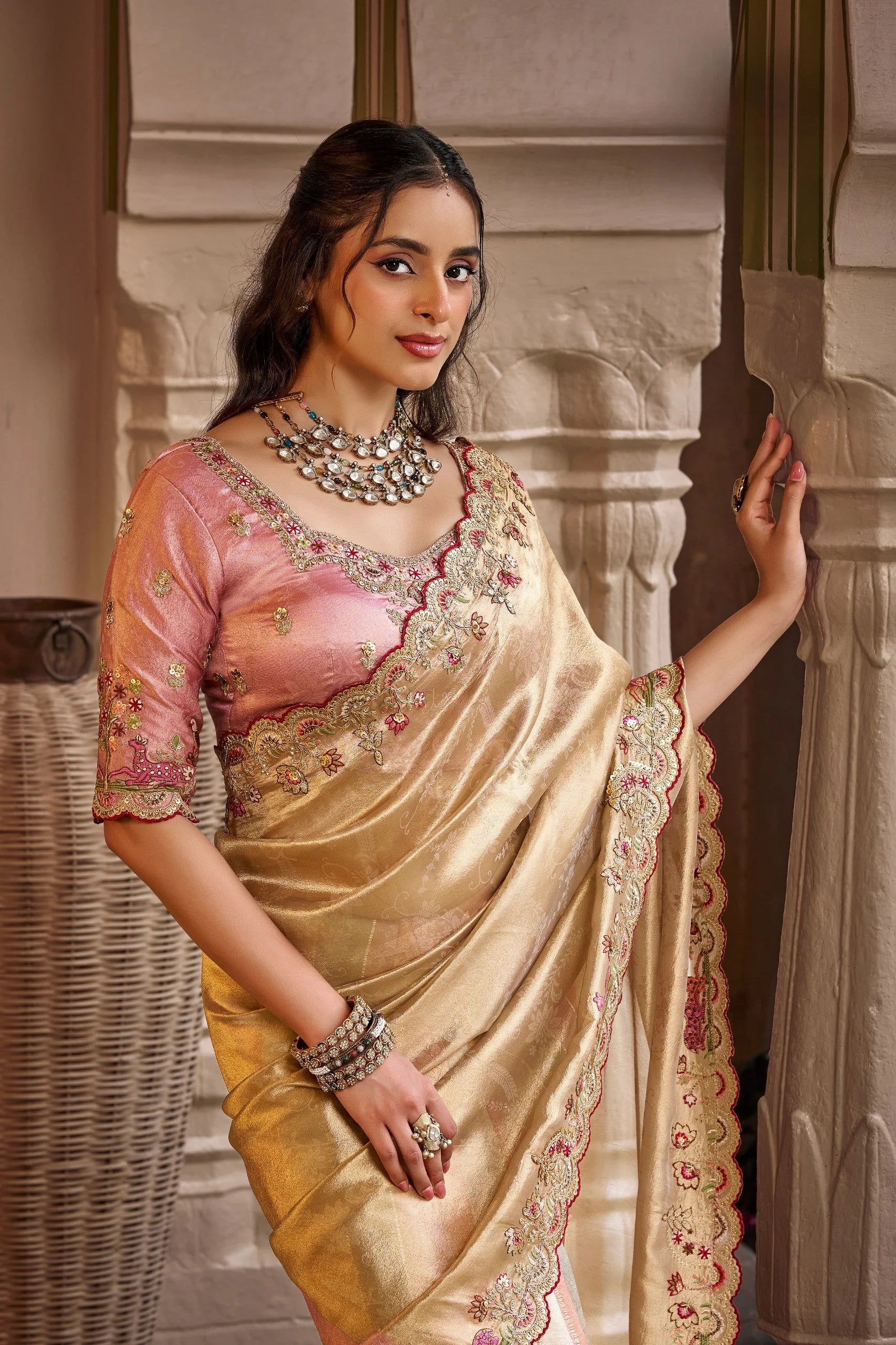 Fancy Based Pure Party Wear Gold Pink With Stitched Blouse Saree