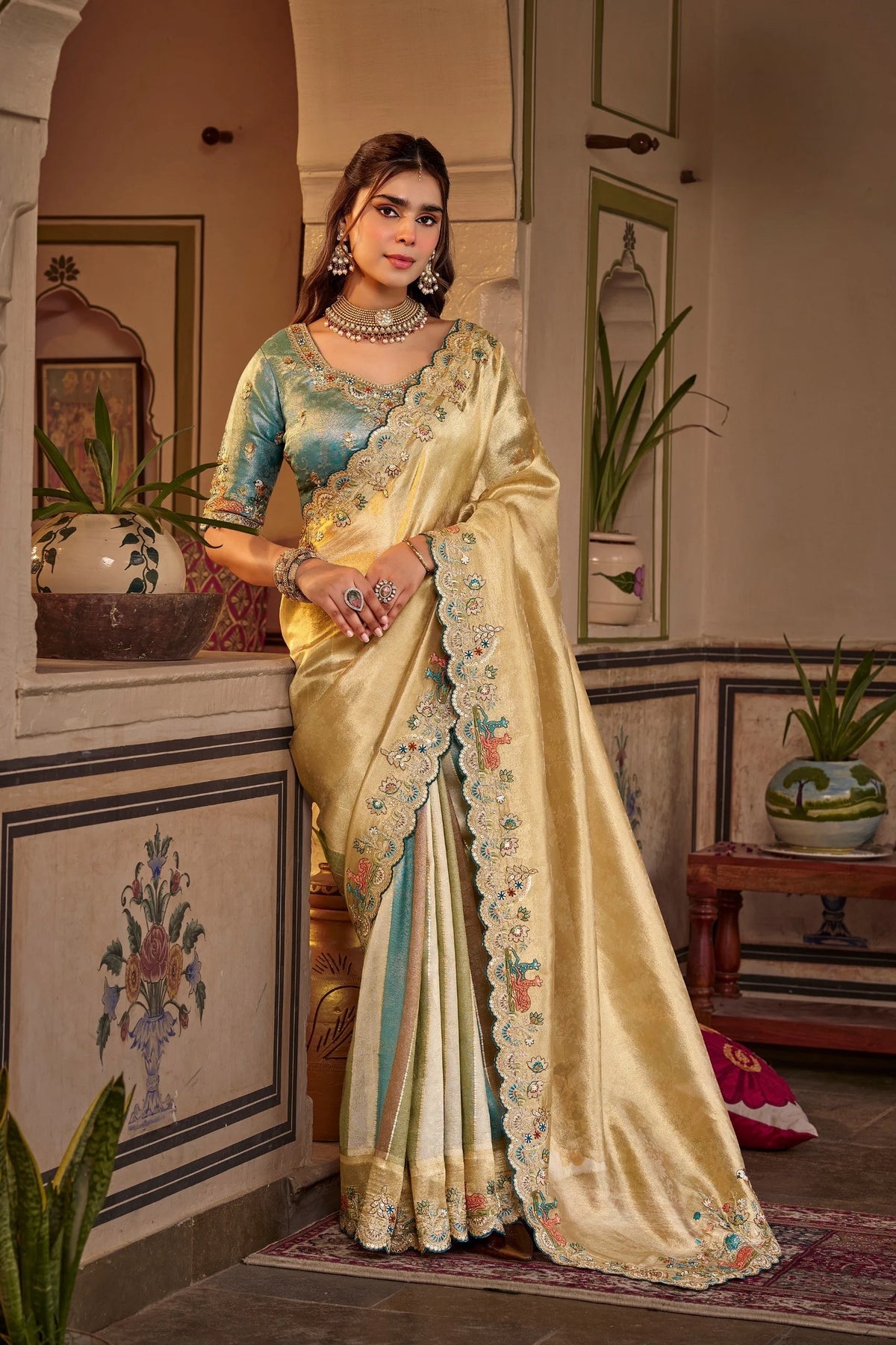 Fancy Based Pure Party Wear Gold Blue With Stitched Blouse Saree