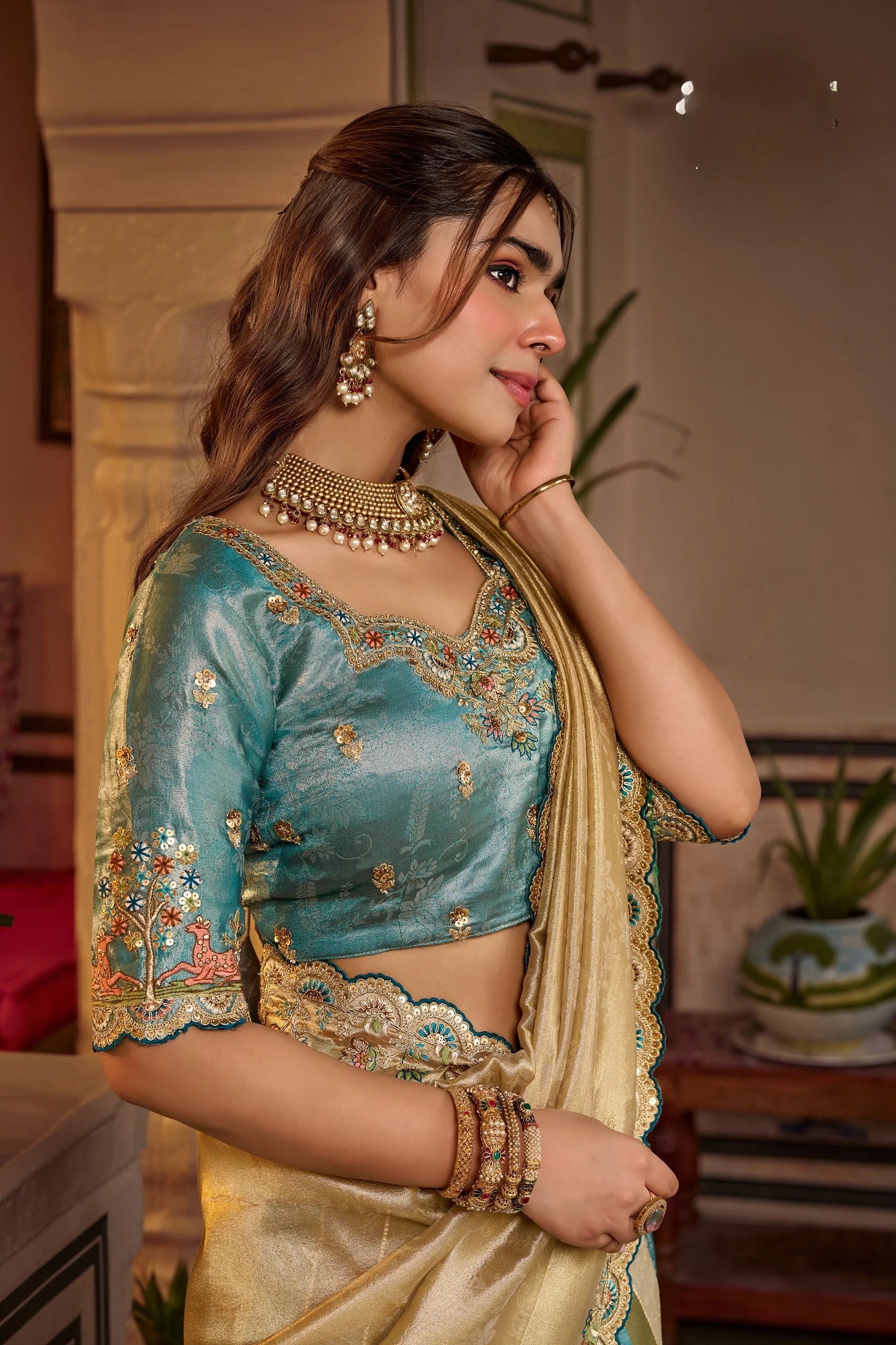 Fancy Based Pure Party Wear Gold Blue With Stitched Blouse Saree