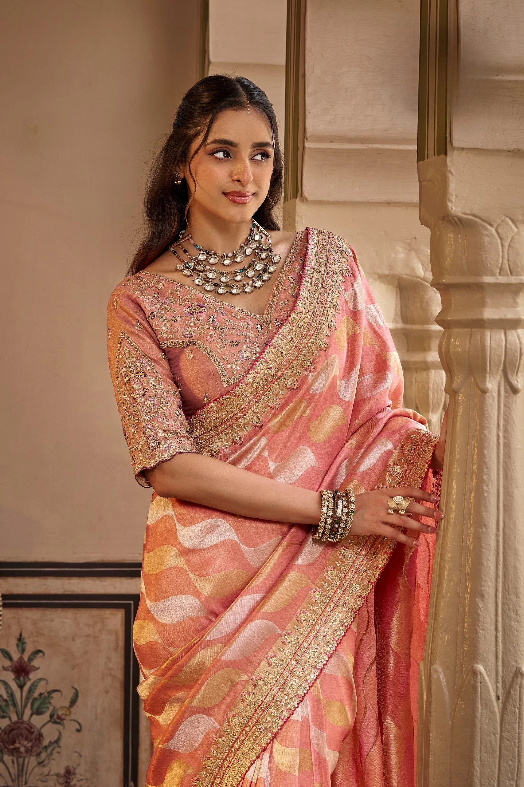 Fancy Based Pure Party Wear Peach With Stitched Blouse Saree