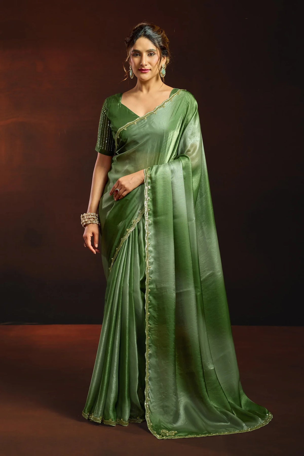 Fendy Satin Green Shaded Party Wear Saree