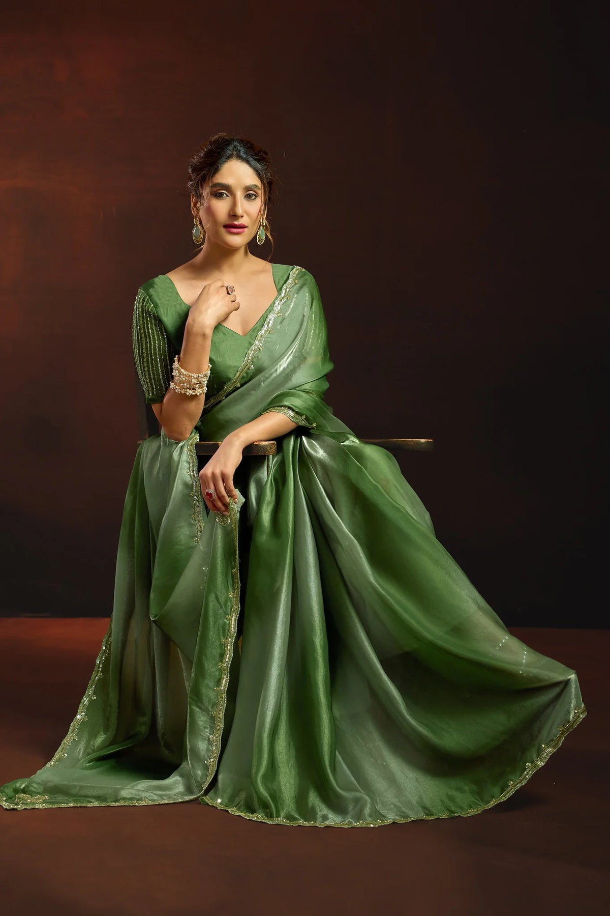 Fendy Satin Green Shaded Party Wear Saree