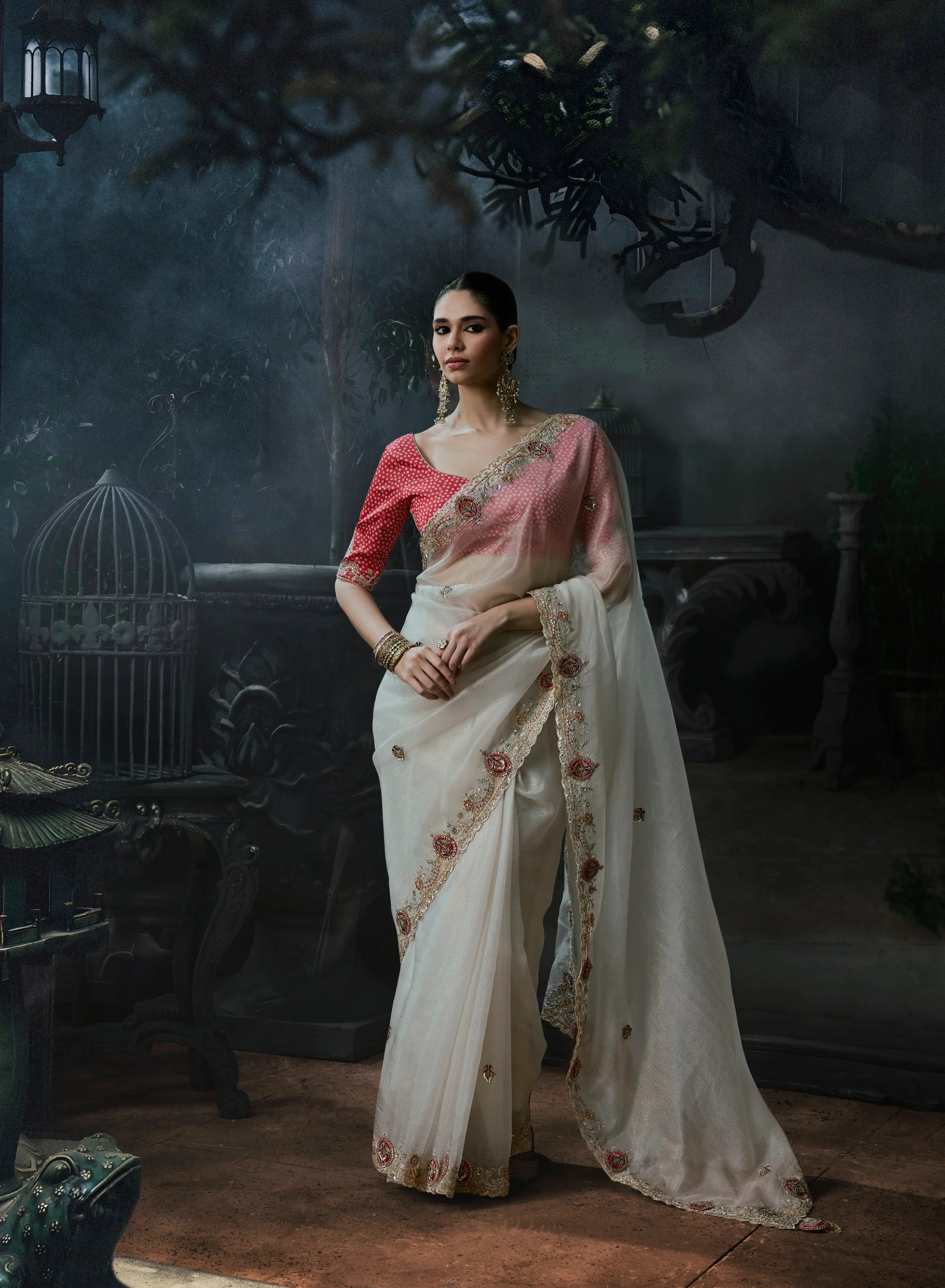 Tissue Organza Party Wear Ivory With Embroidery Work