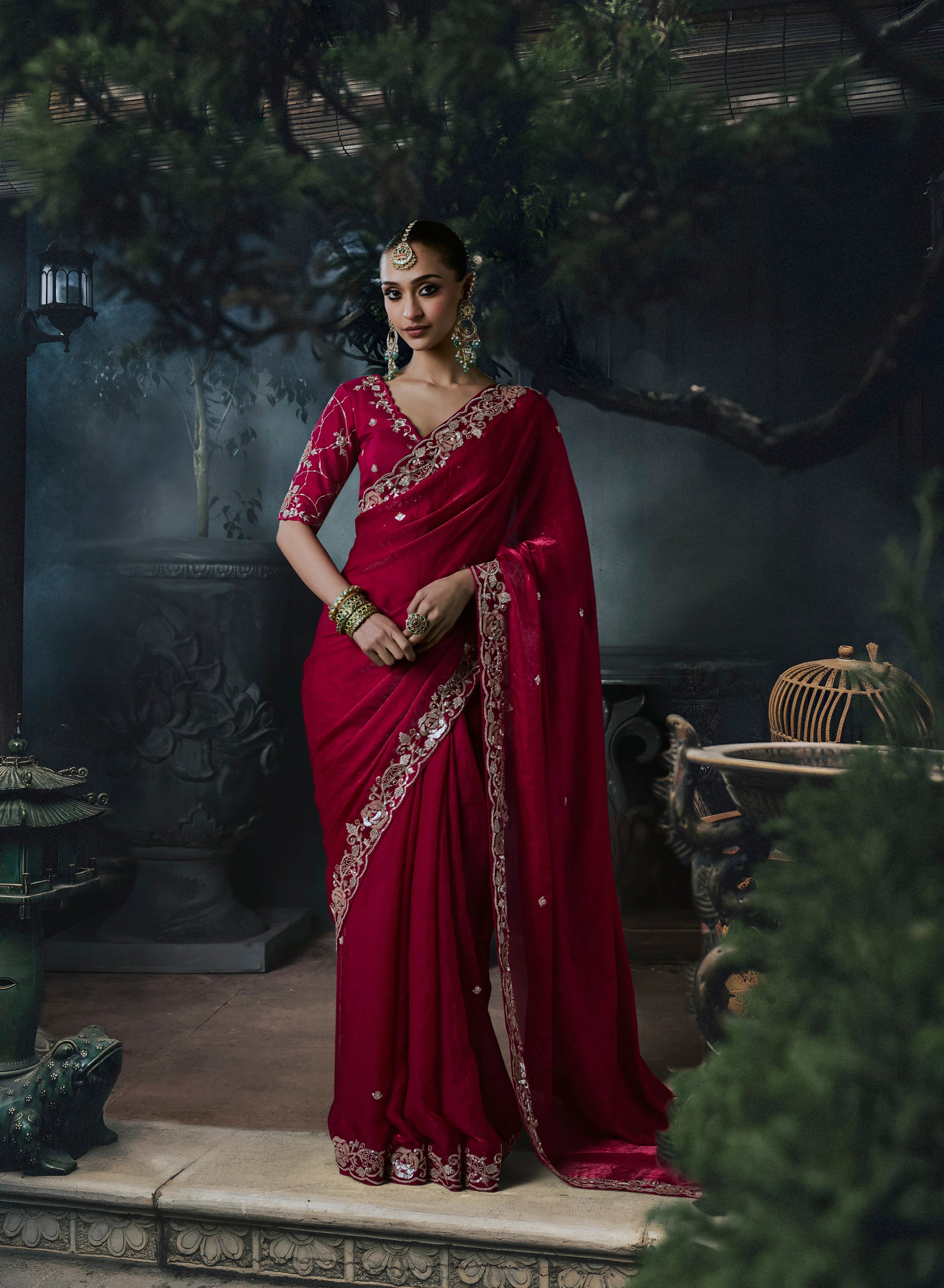 Tissue Organza Party Wear Dark Red With Thread Work