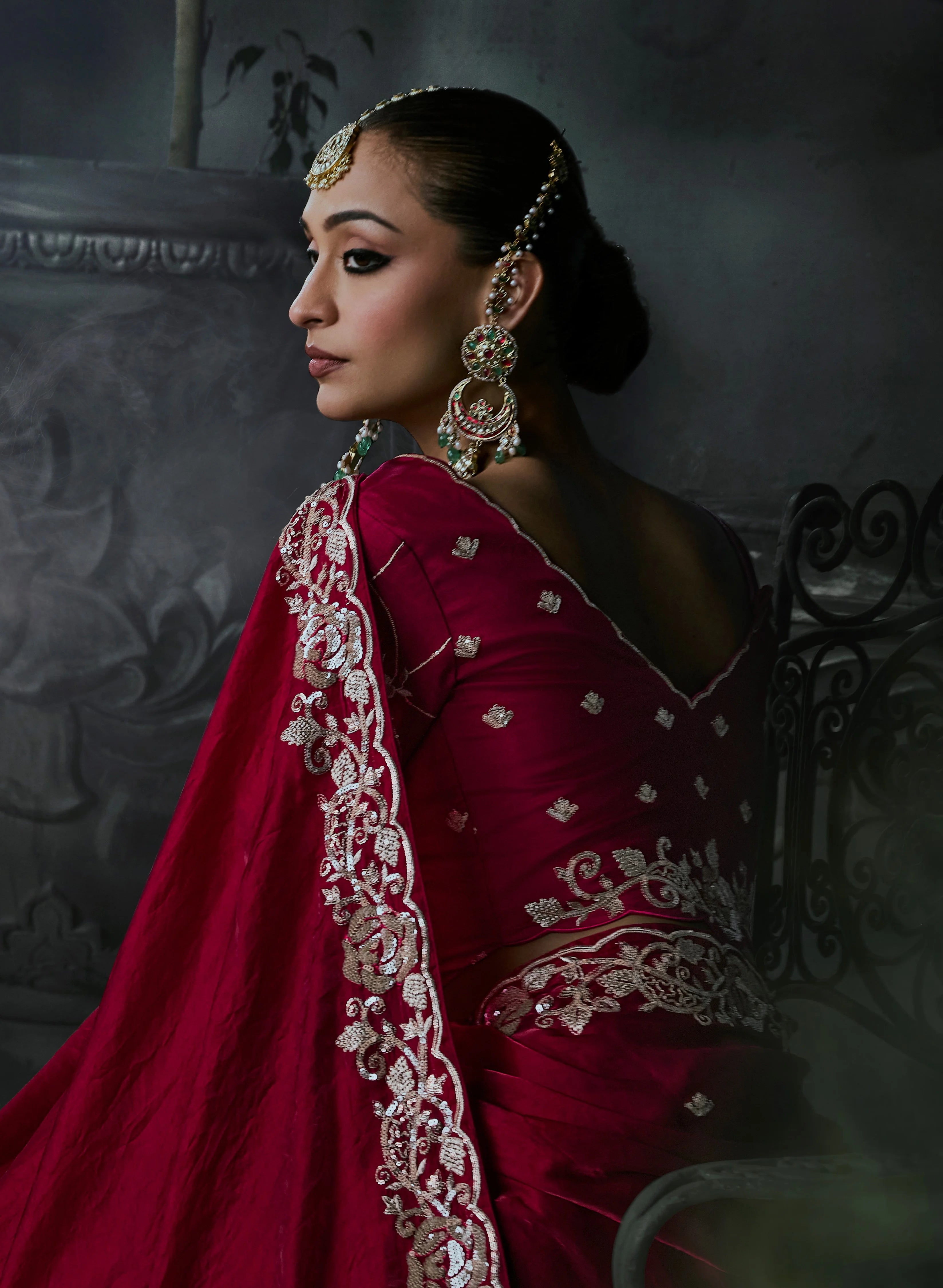 Tissue Organza Party Wear Dark Red With Thread Work