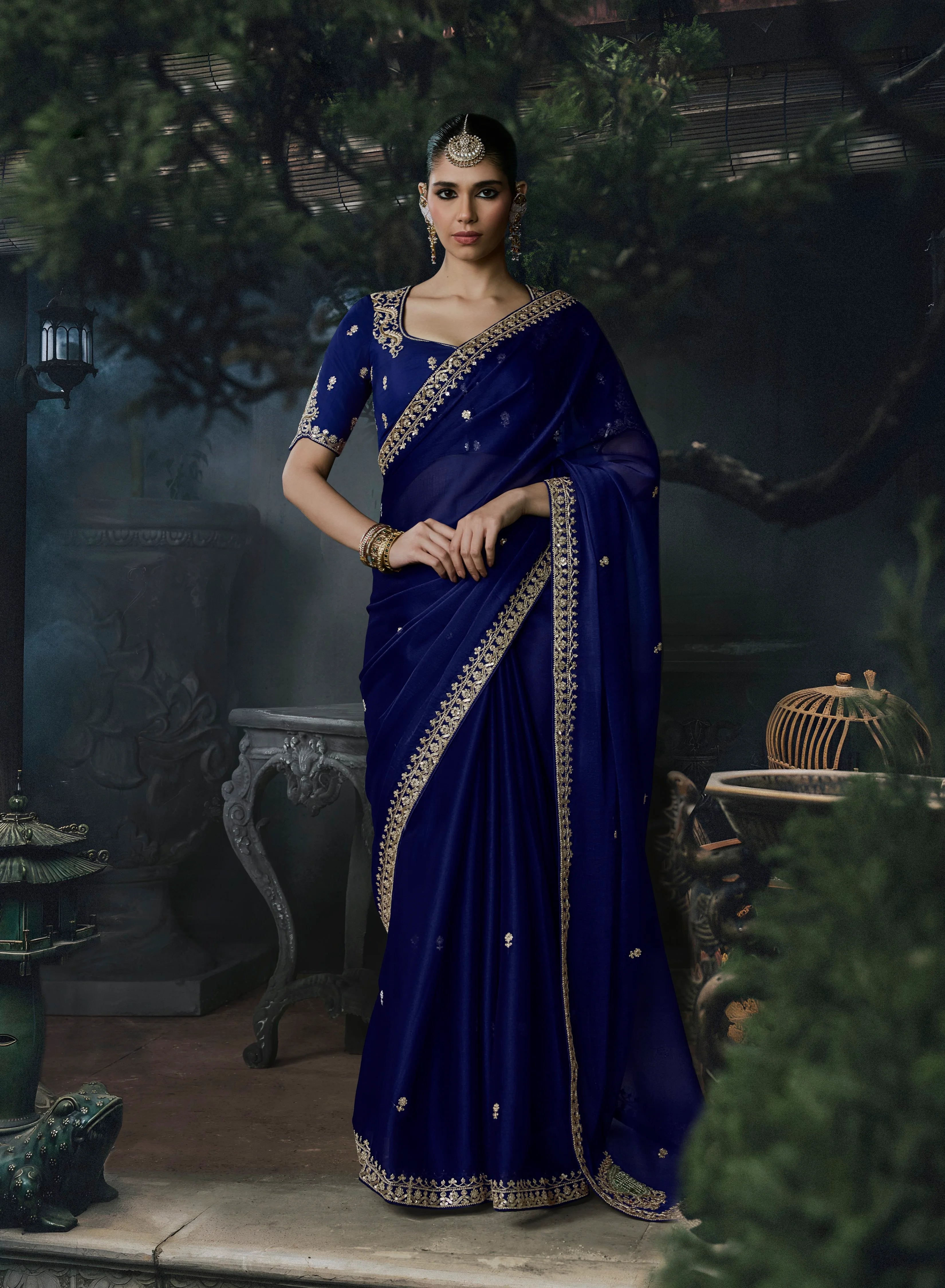 Tissue Organza Party Wear Dark Blue With Thread Work