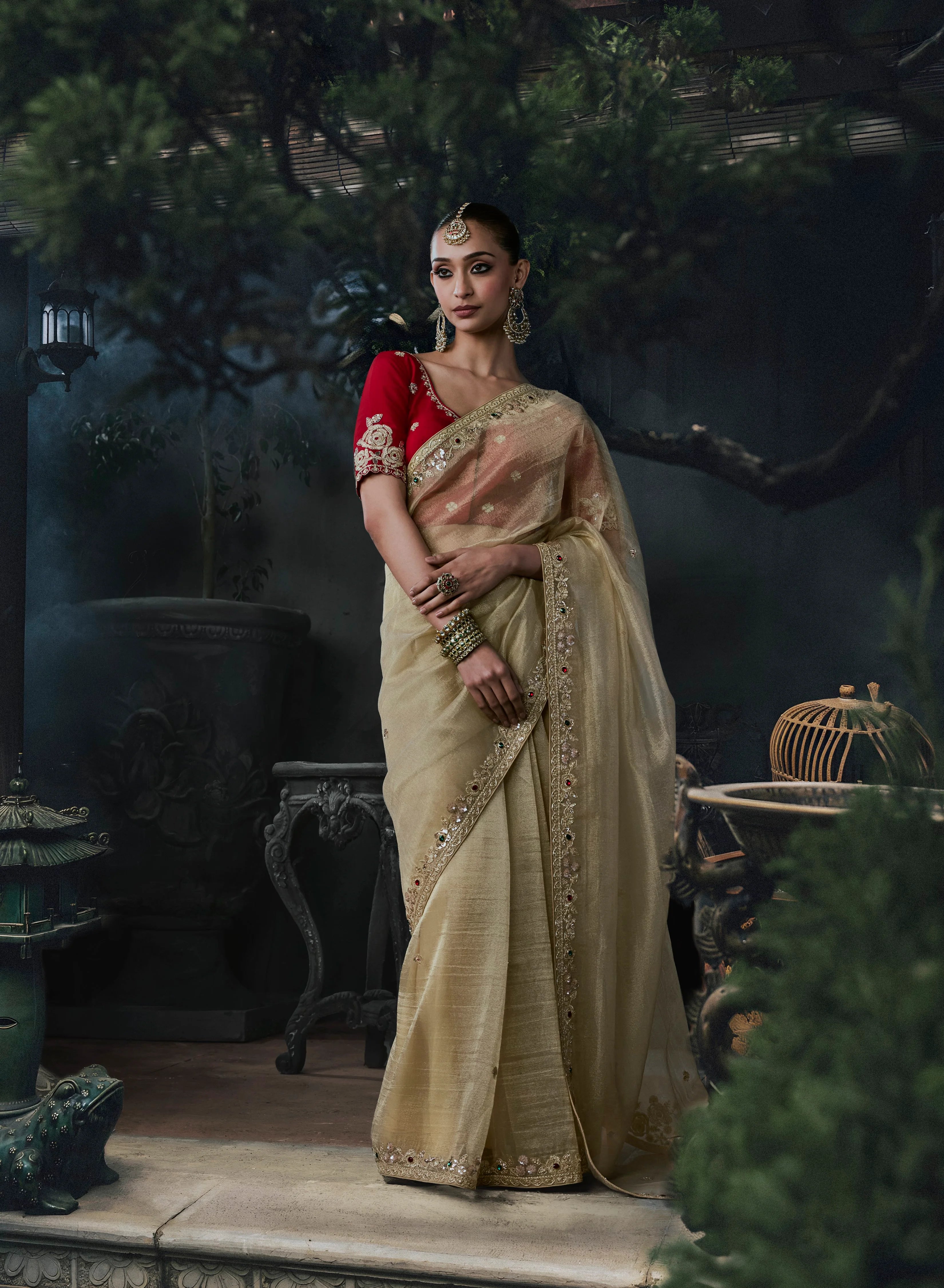 Tissue Organza Party Wear Antique Gold With Thread Work