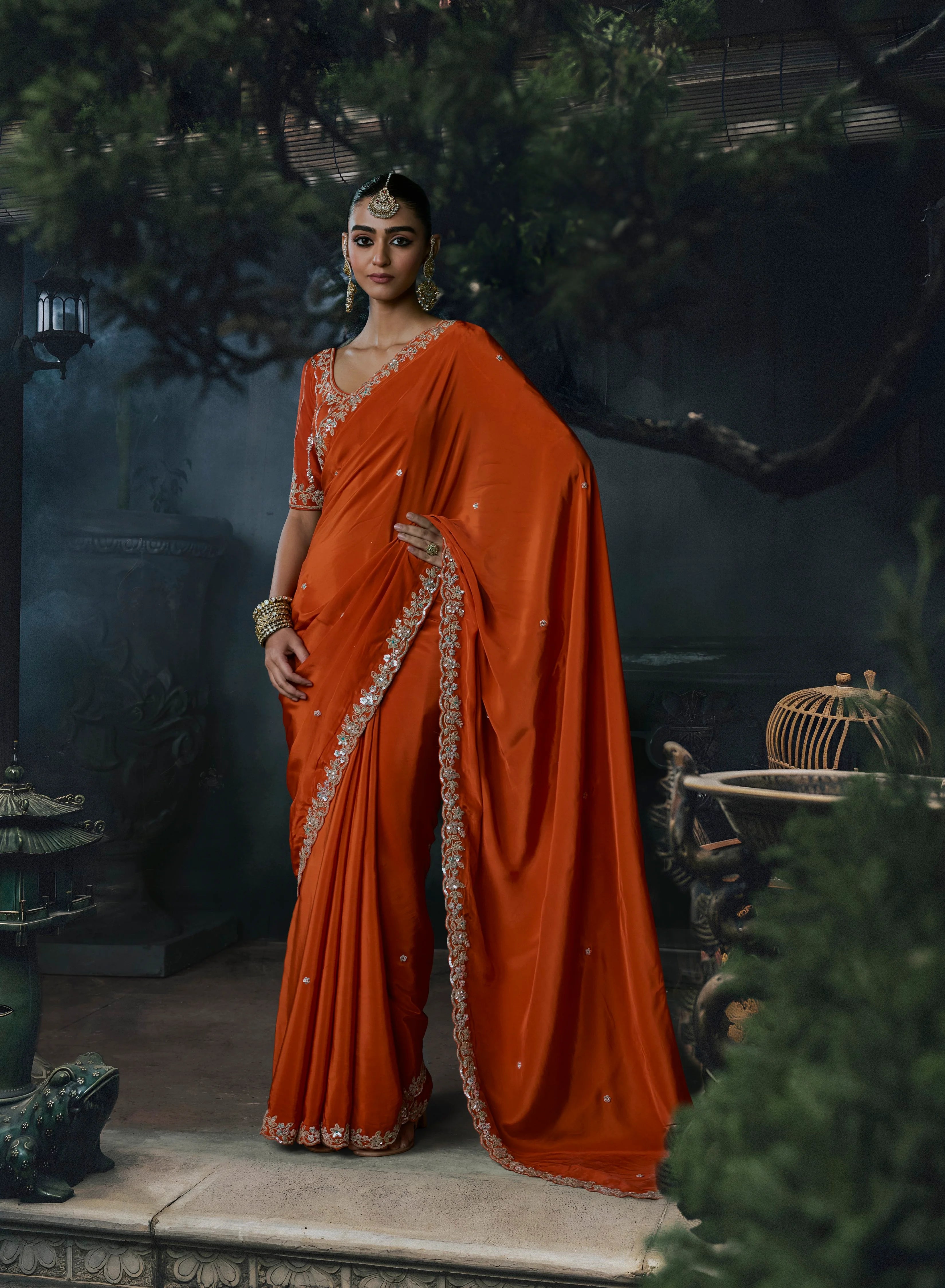 Tissue Organza Party Wear Orange With Embroidery Work