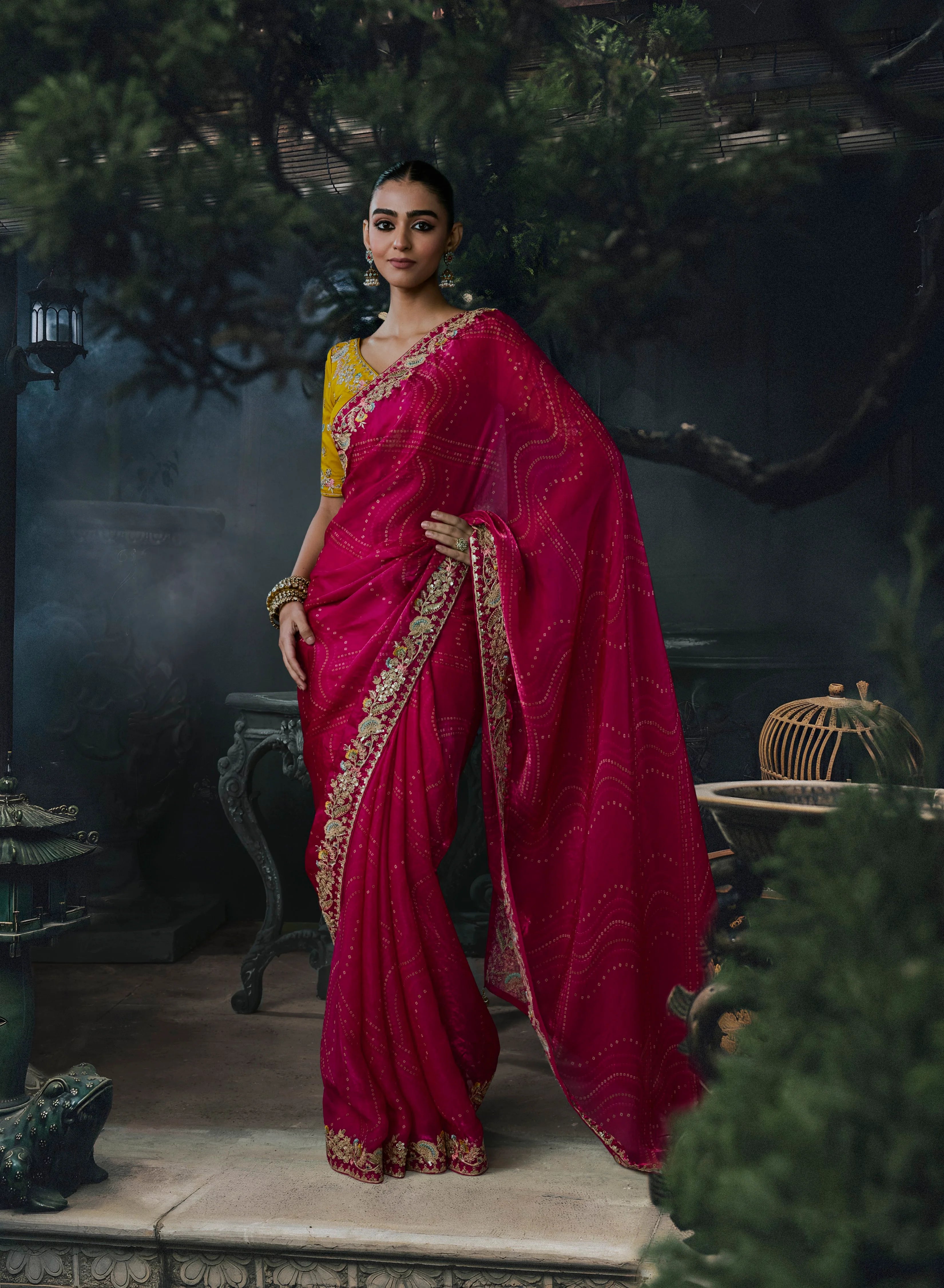 Tissue Organza Party Wear Rani Pink With Thread Work