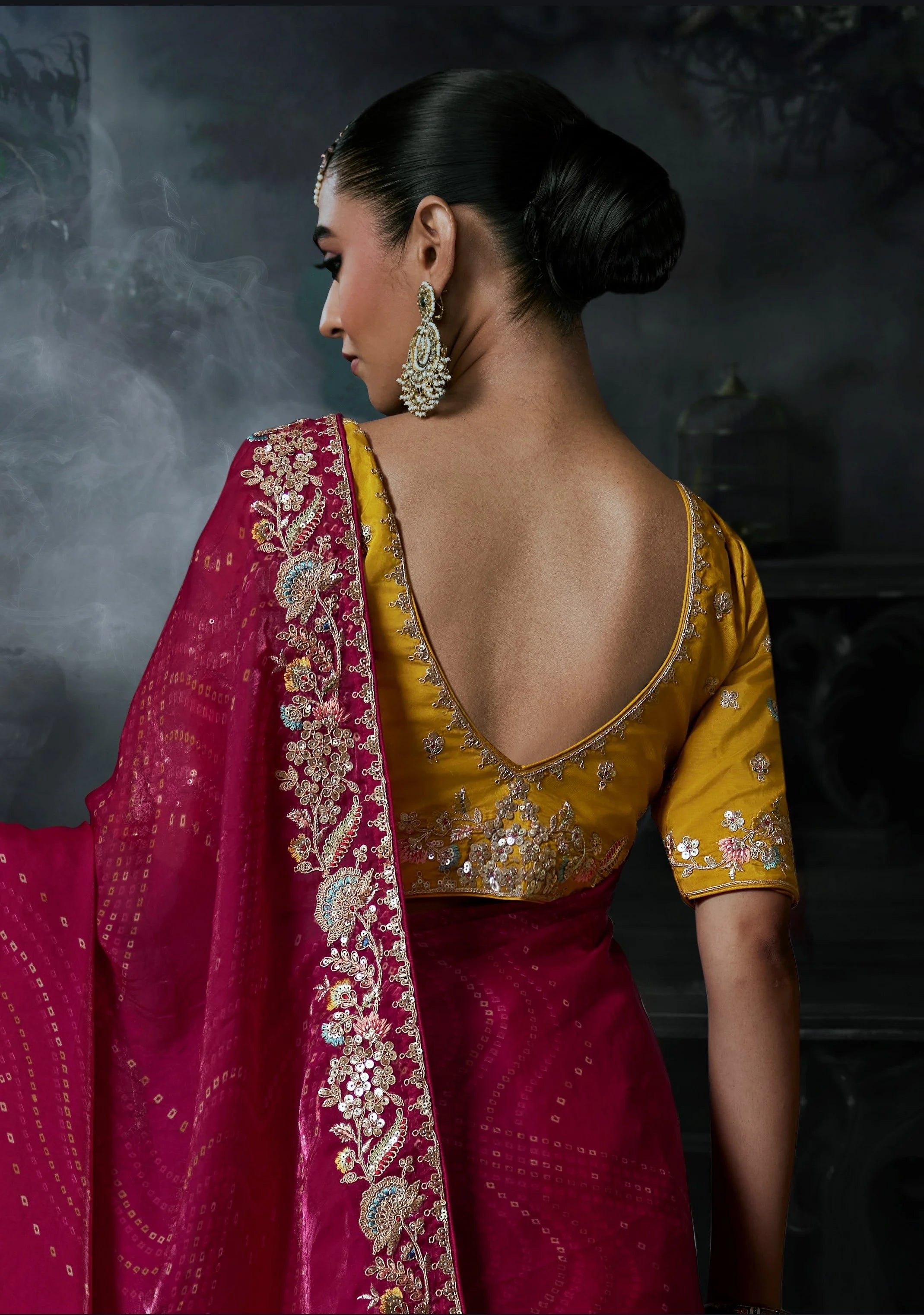 Tissue Organza Party Wear Rani Pink With Thread Work