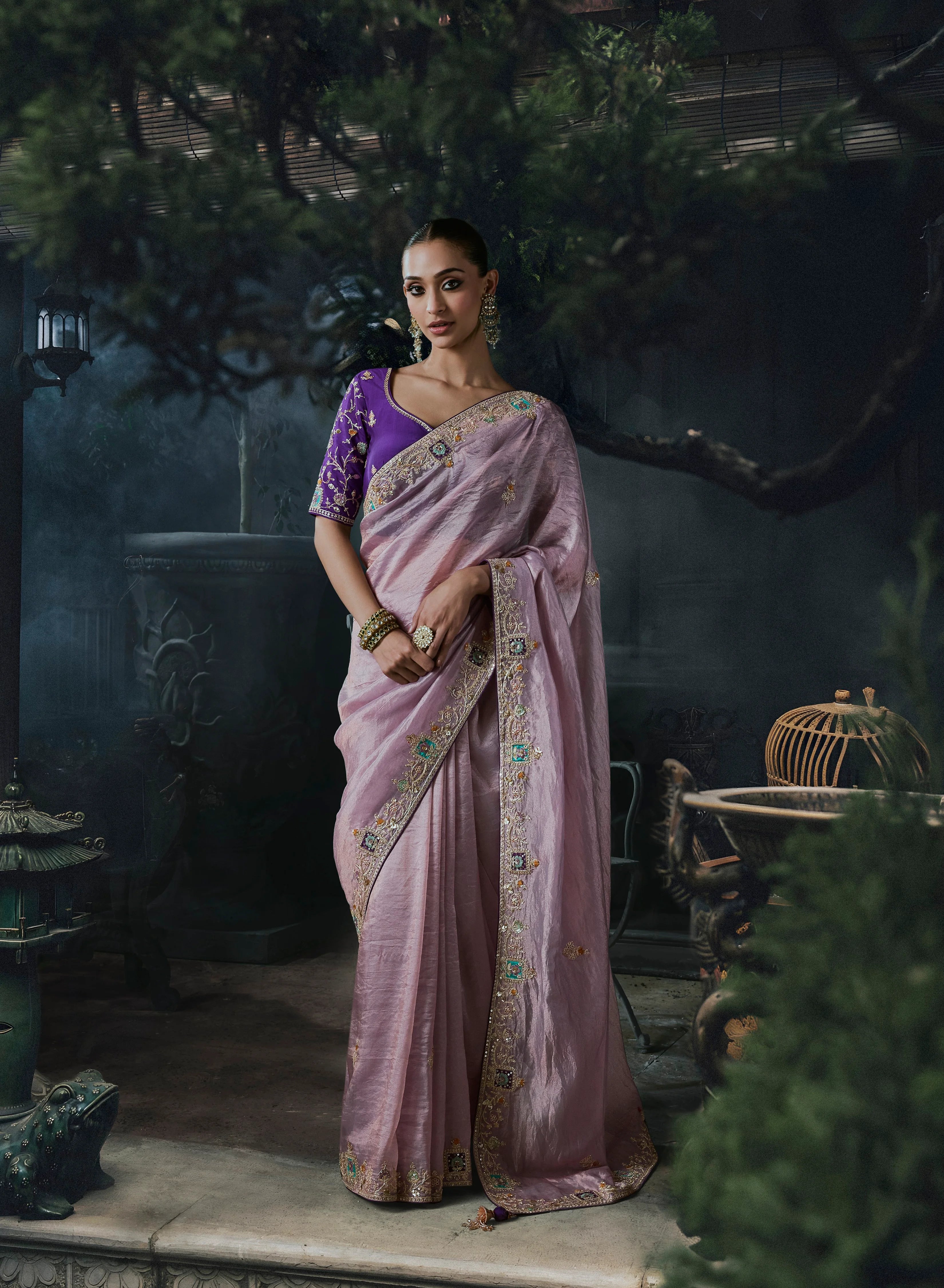 Tissue Organza Party Wear Lavender With Thread Work