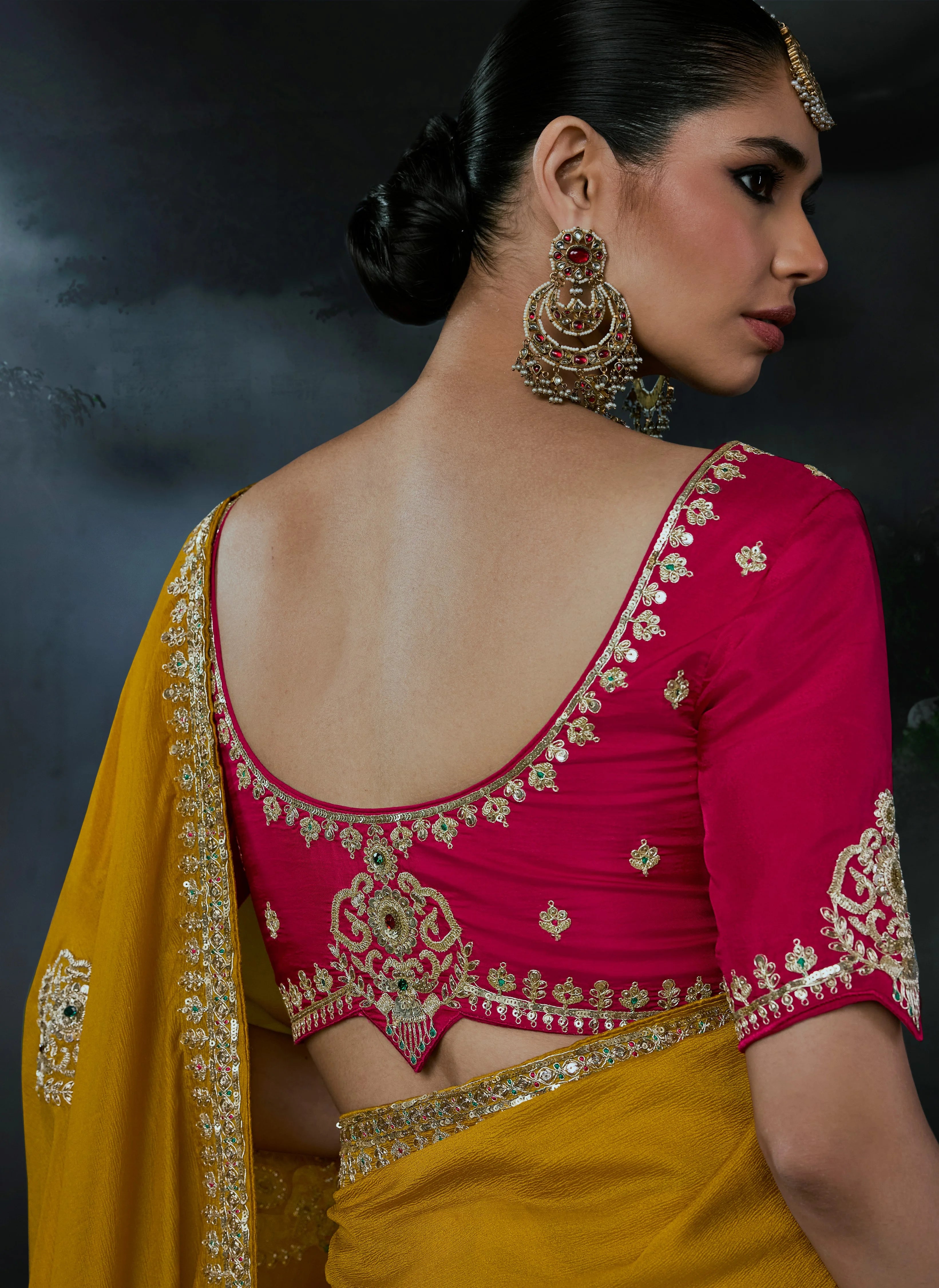 Tissue Organza Party Wear Mustard With Thread Work