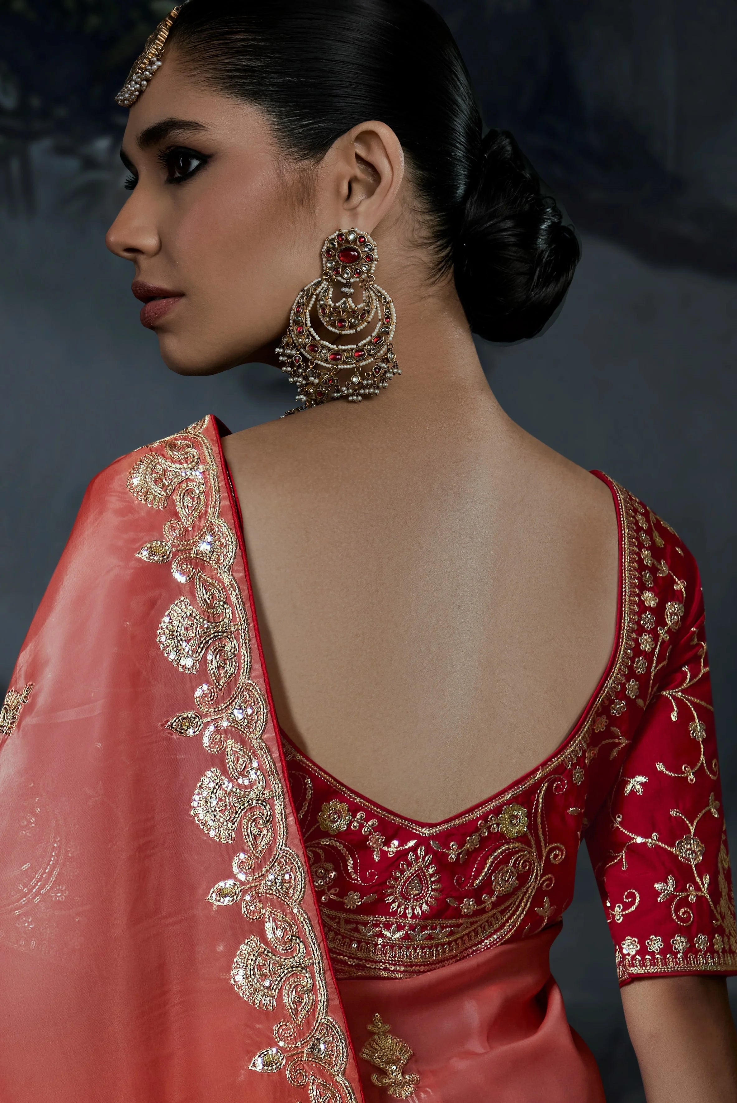 Tissue Organza Party Wear Red With Thread Work
