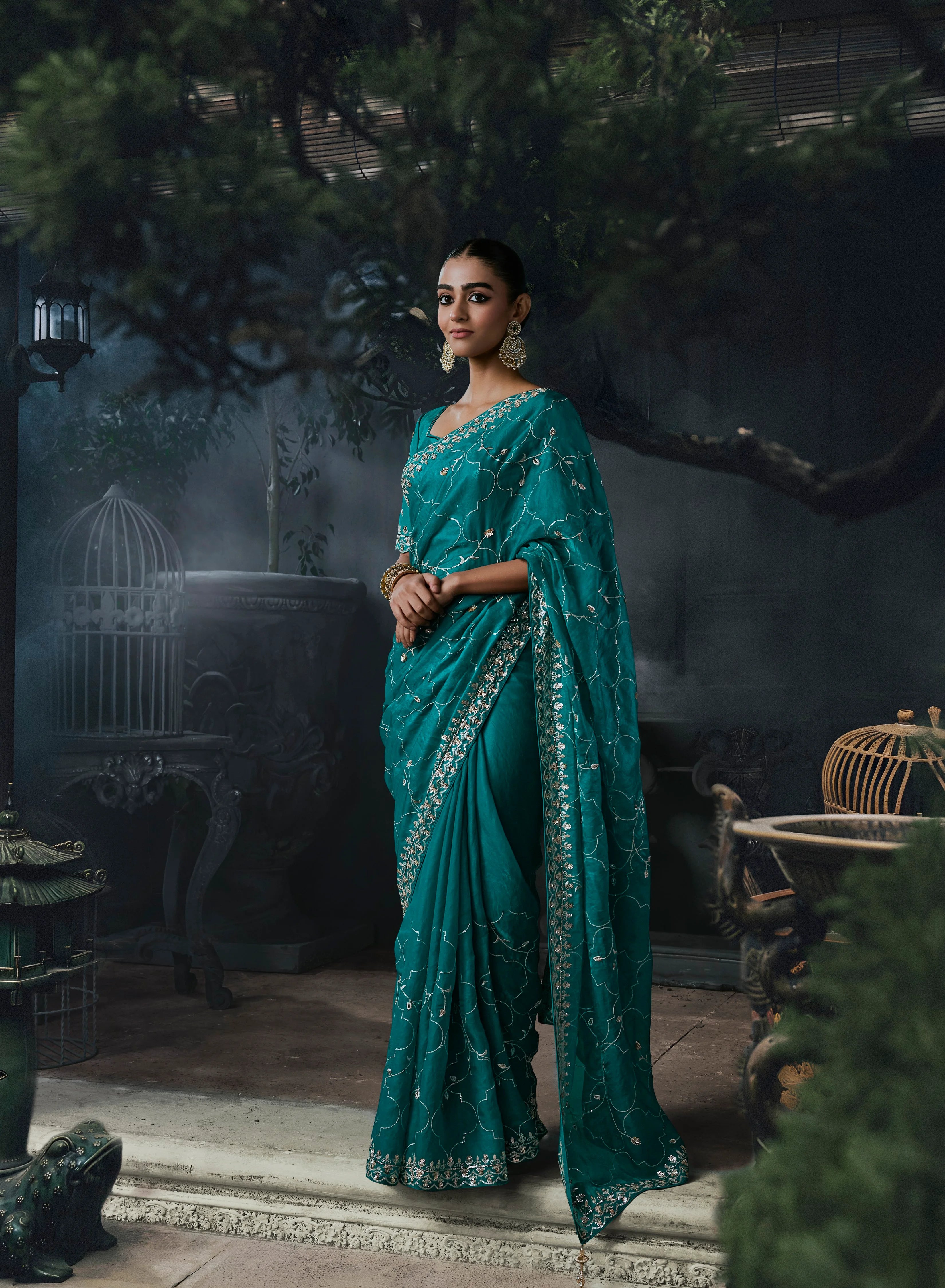 Tissue Organza Party Wear Teal With Thread Work