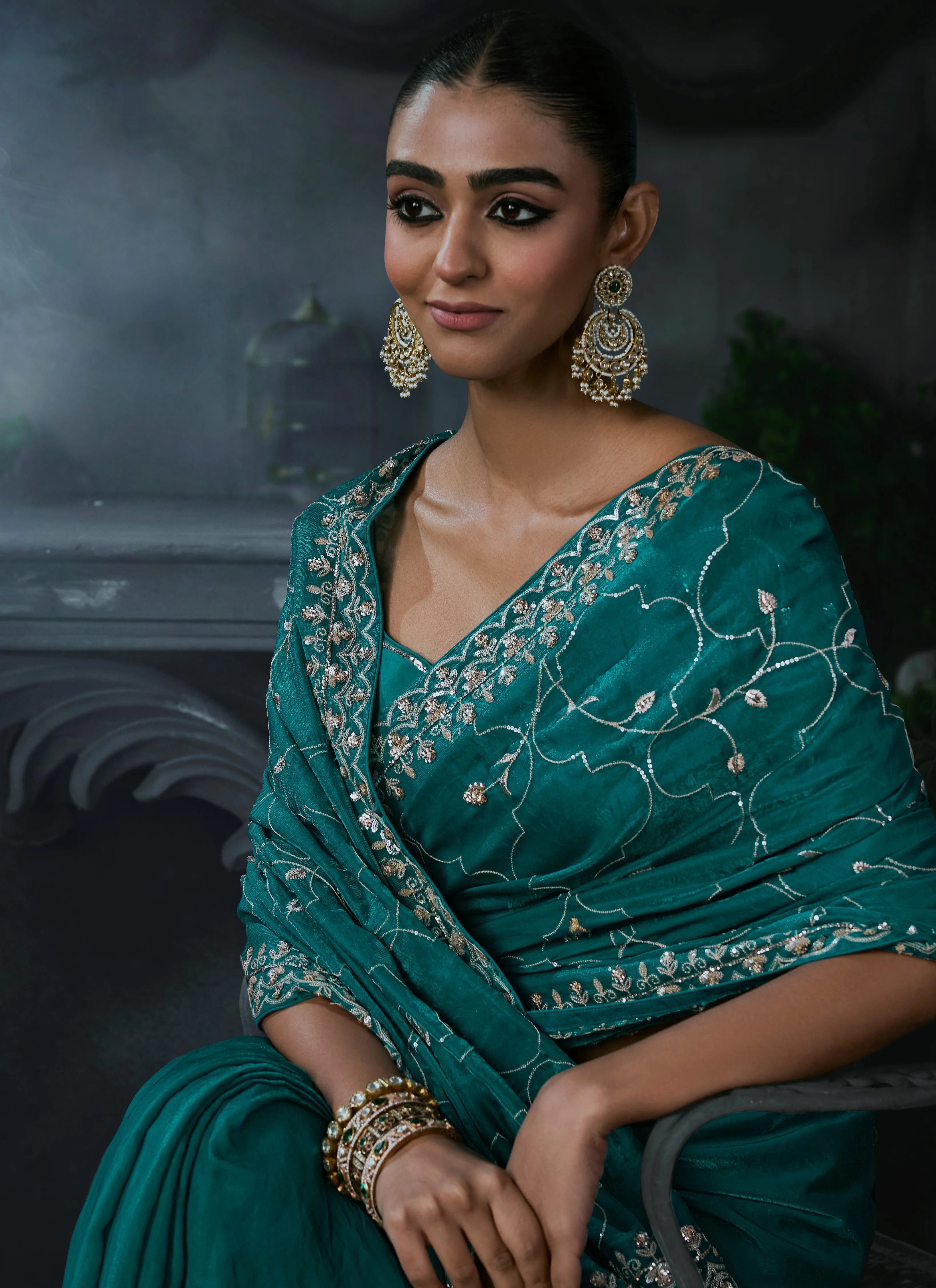 Tissue Organza Party Wear Teal With Thread Work