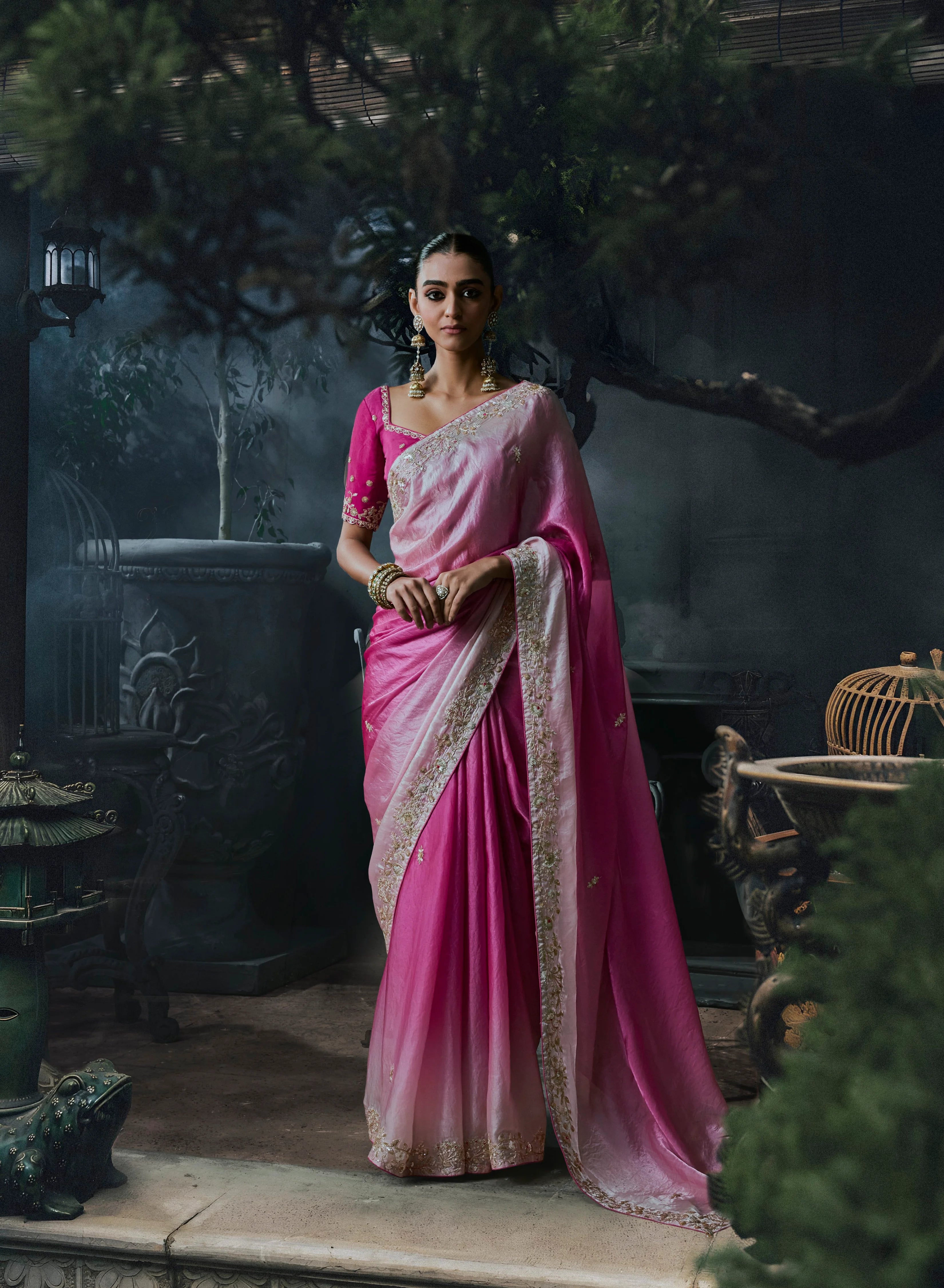 Tissue Organza Party Wear Pink With Thread Work