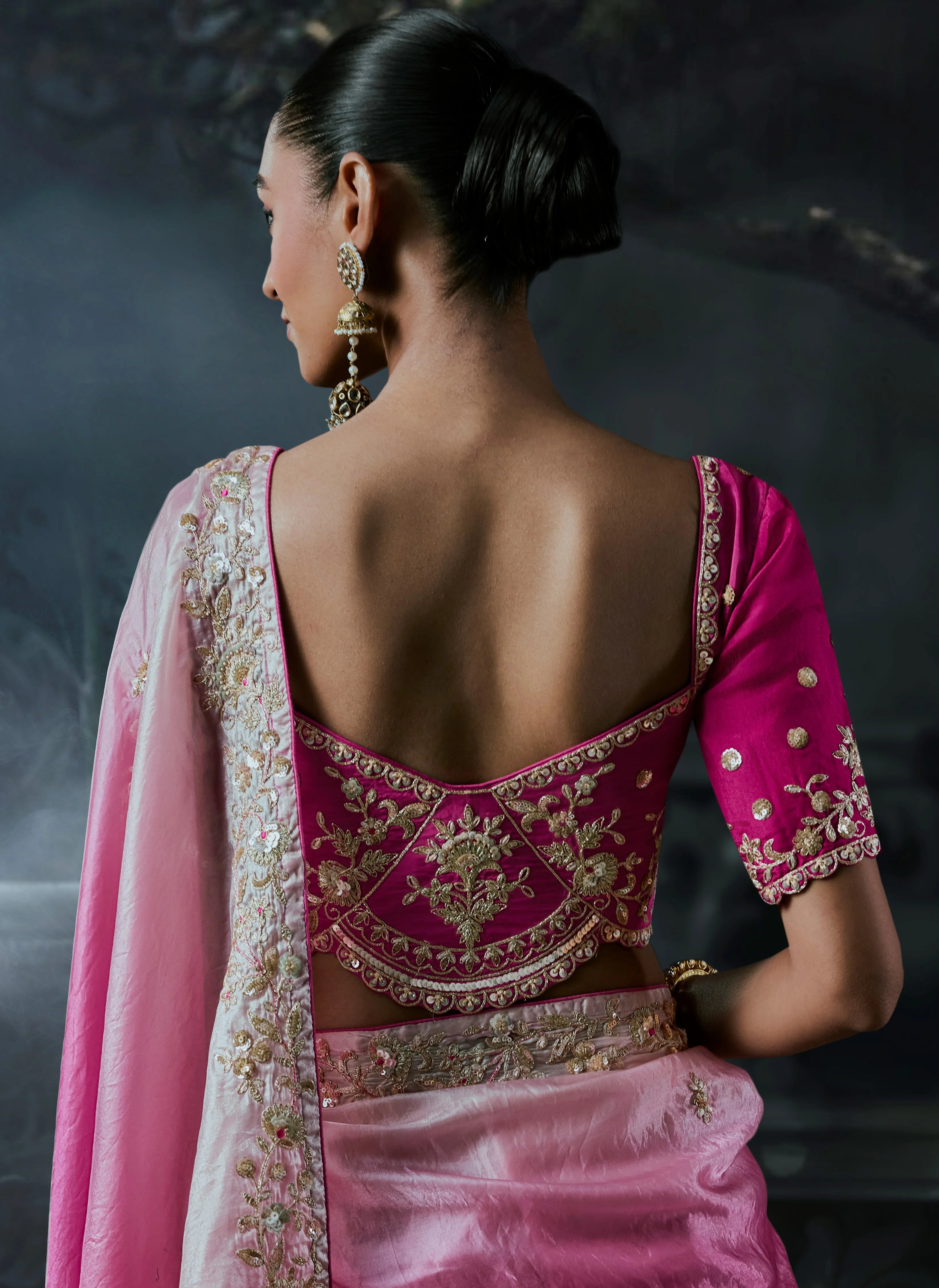 Tissue Organza Party Wear Pink With Thread Work
