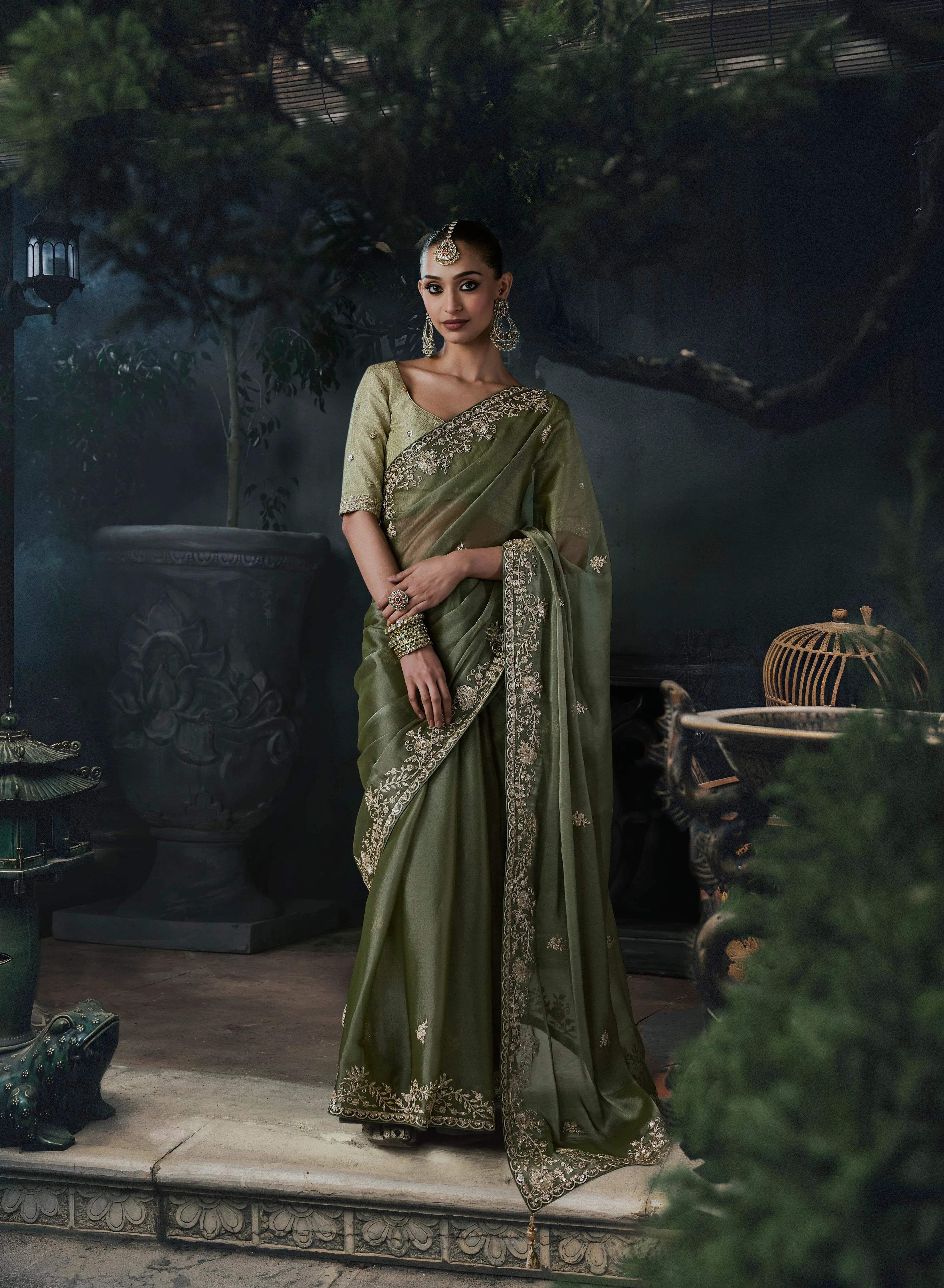 Tissue Organza Party Wear Olive With Thread Work