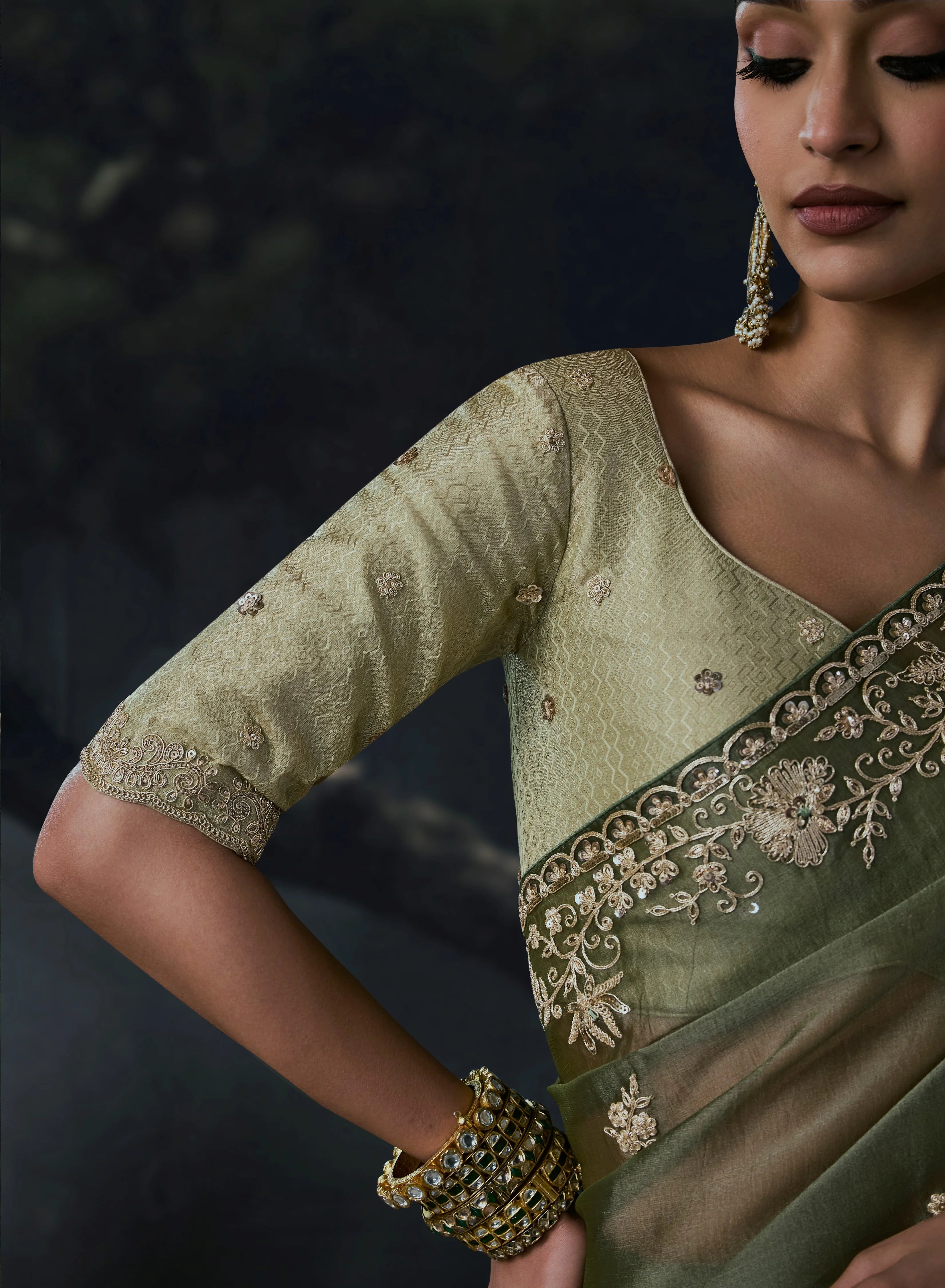 Tissue Organza Party Wear Olive With Thread Work