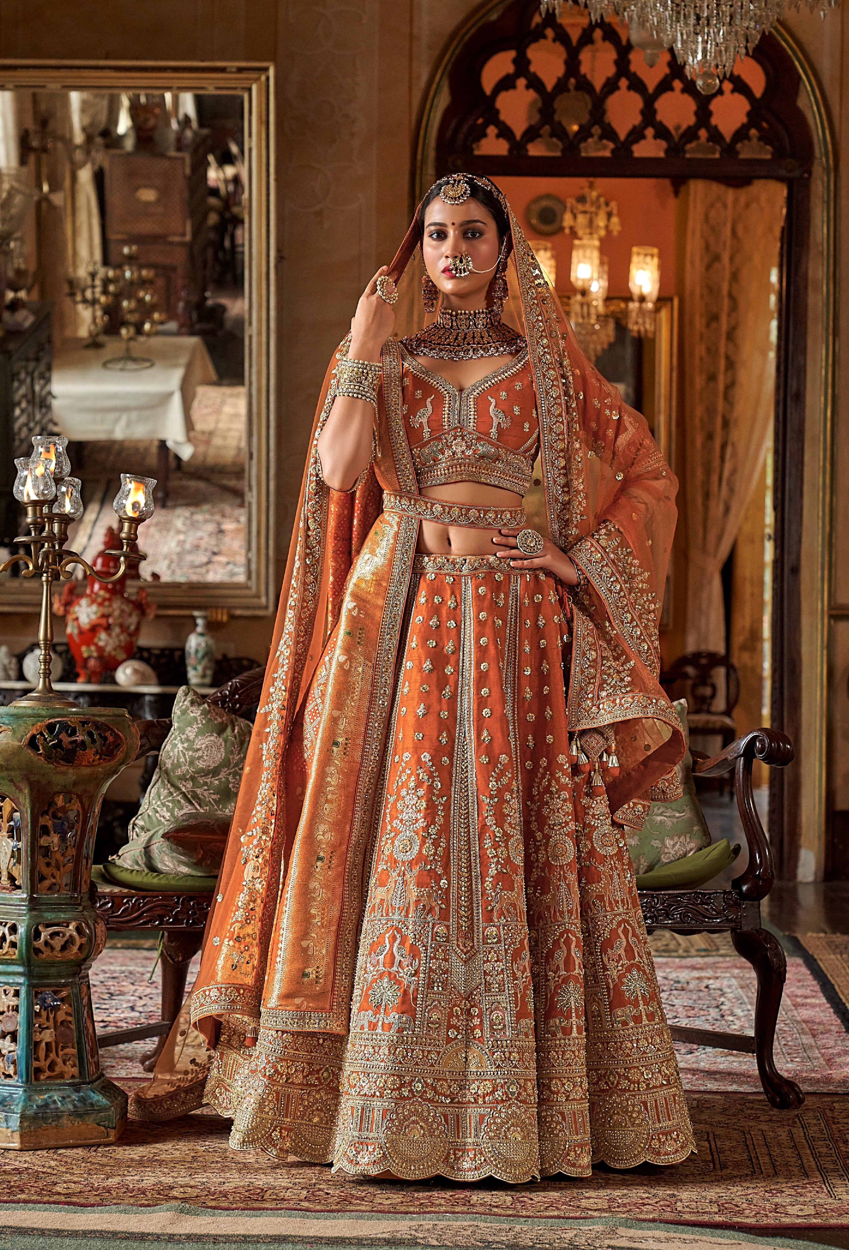 Peach Bridal Silk Embroidered Lehenga