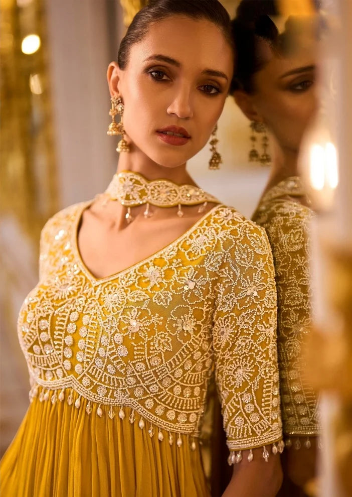 Chinon Yellow Beads Work Peplum Top And Sharara & Dupatta