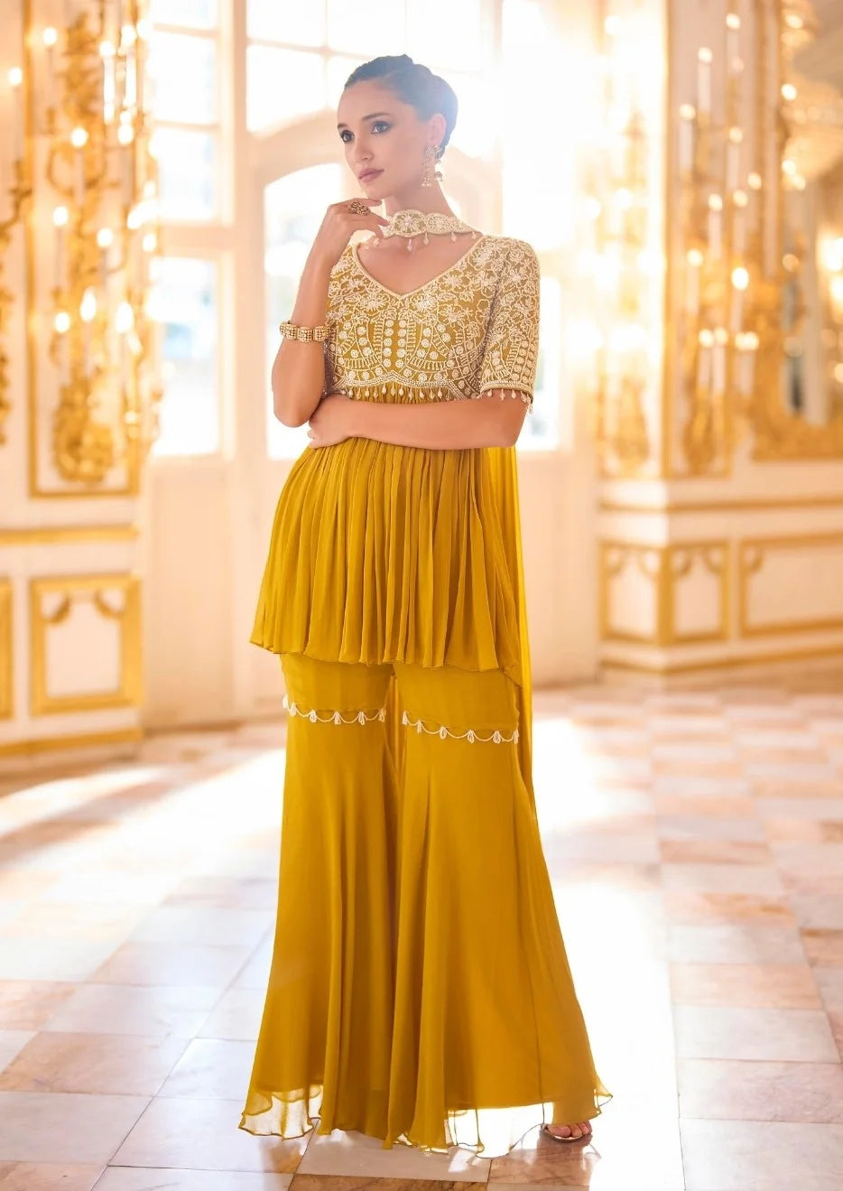 Chinon Yellow Beads Work Peplum Top And Sharara & Dupatta