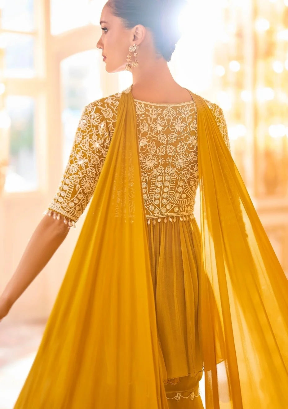 Chinon Yellow Beads Work Peplum Top And Sharara & Dupatta
