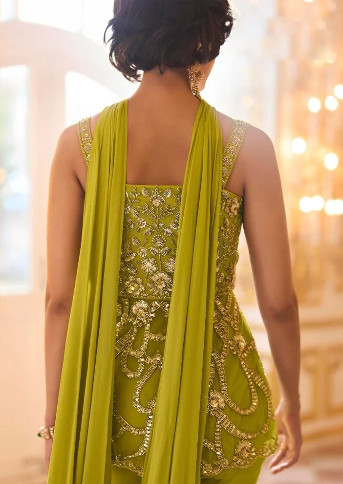 Georgette Green Beads Work Butterfly Peplum Top Sharara & Dupatta