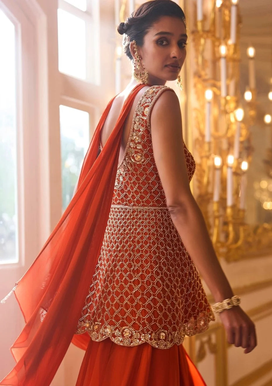 Georgette Orange Beads Work Peplum Top Sharara & Dupatta