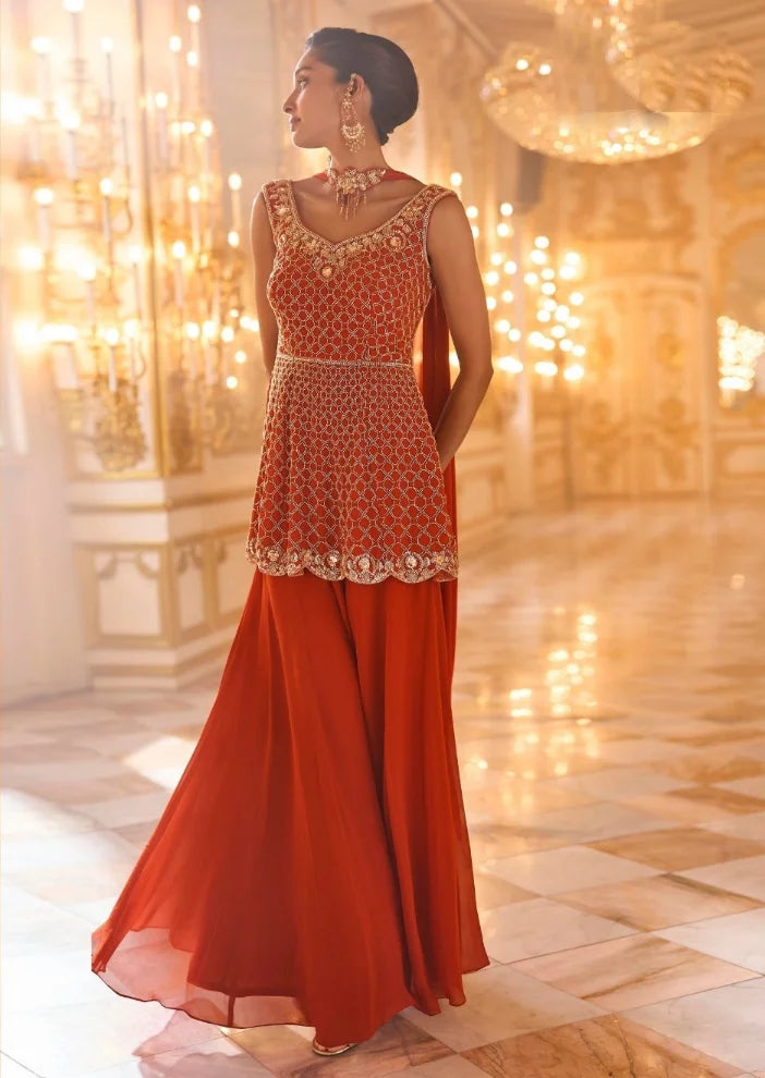 Georgette Orange Beads Work Peplum Top Sharara & Dupatta