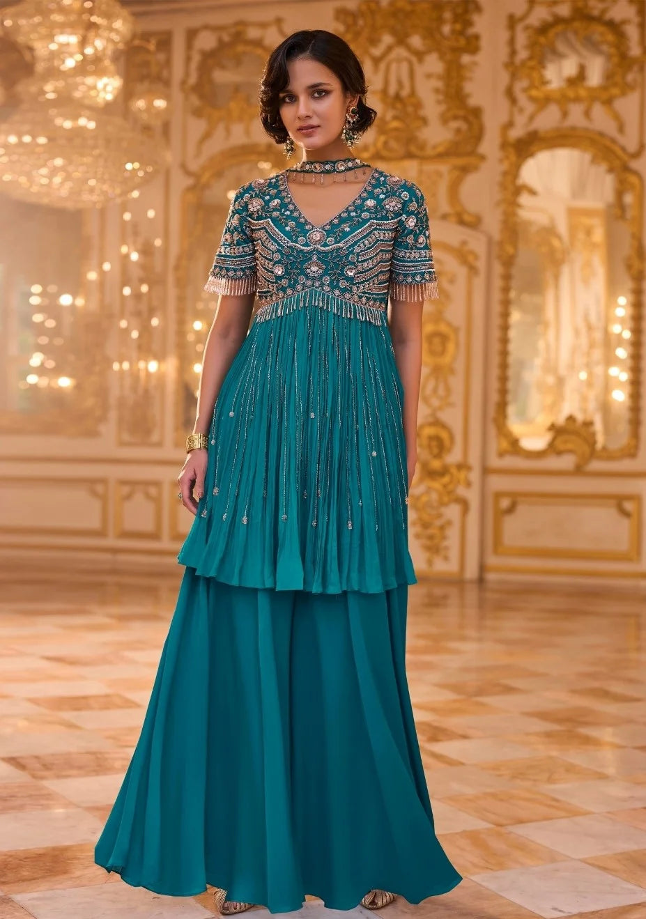 Chinon Teal Beads Work Peplum Kurti Sharara & Dupatta