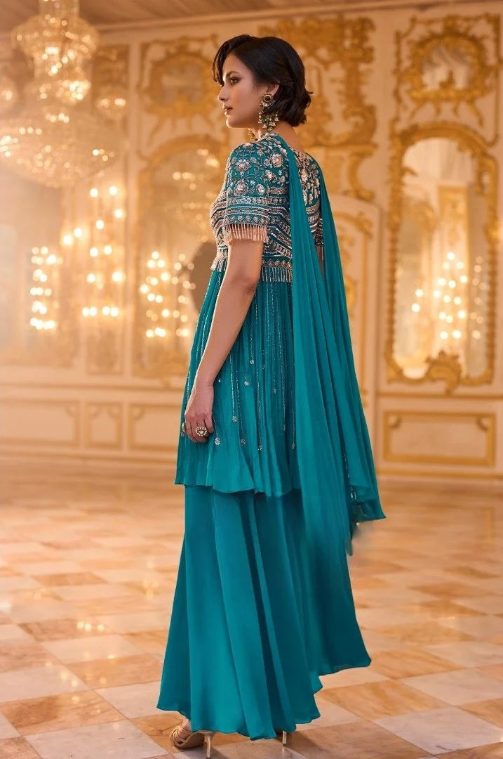 Chinon Teal Beads Work Peplum Kurti Sharara & Dupatta