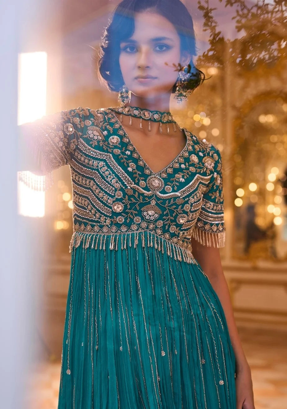 Chinon Teal Beads Work Peplum Kurti Sharara & Dupatta