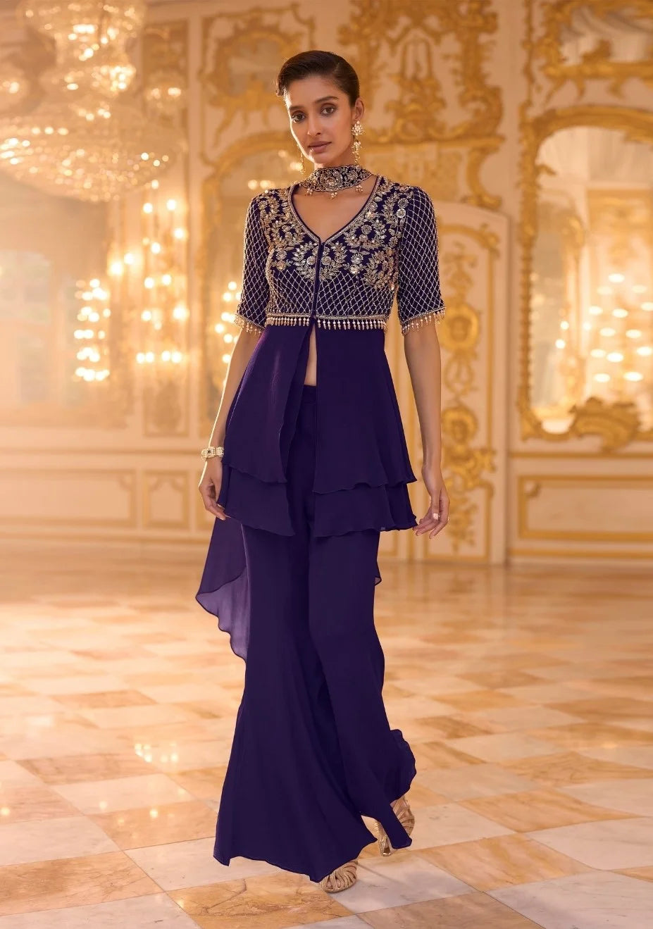 Georgette Purple Beads Work Peplum Top Palazzo & Dupatta