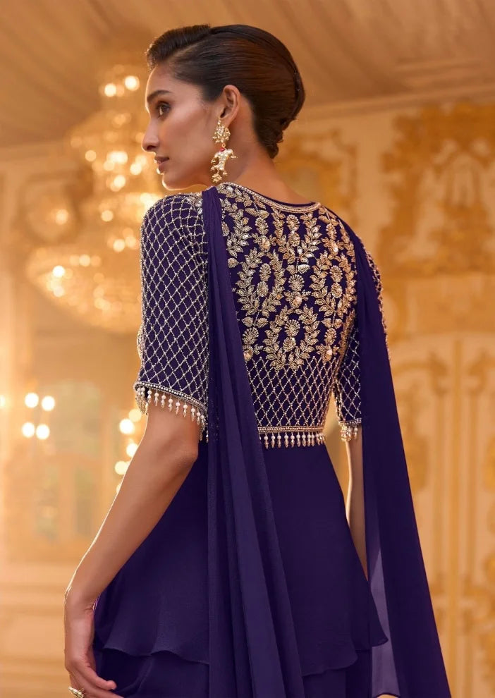 Georgette Purple Beads Work Peplum Top Palazzo & Dupatta