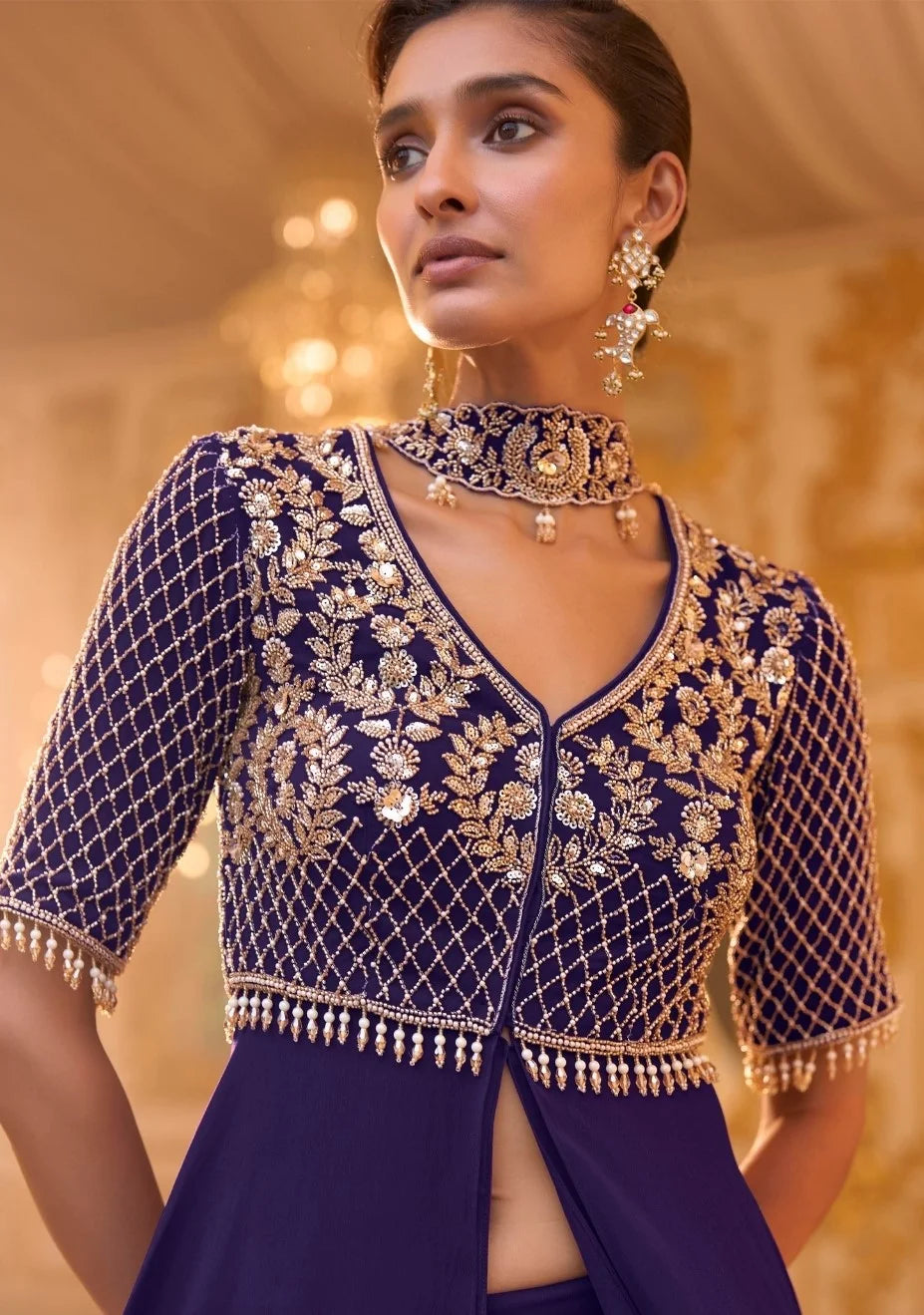 Georgette Purple Beads Work Peplum Top Palazzo & Dupatta