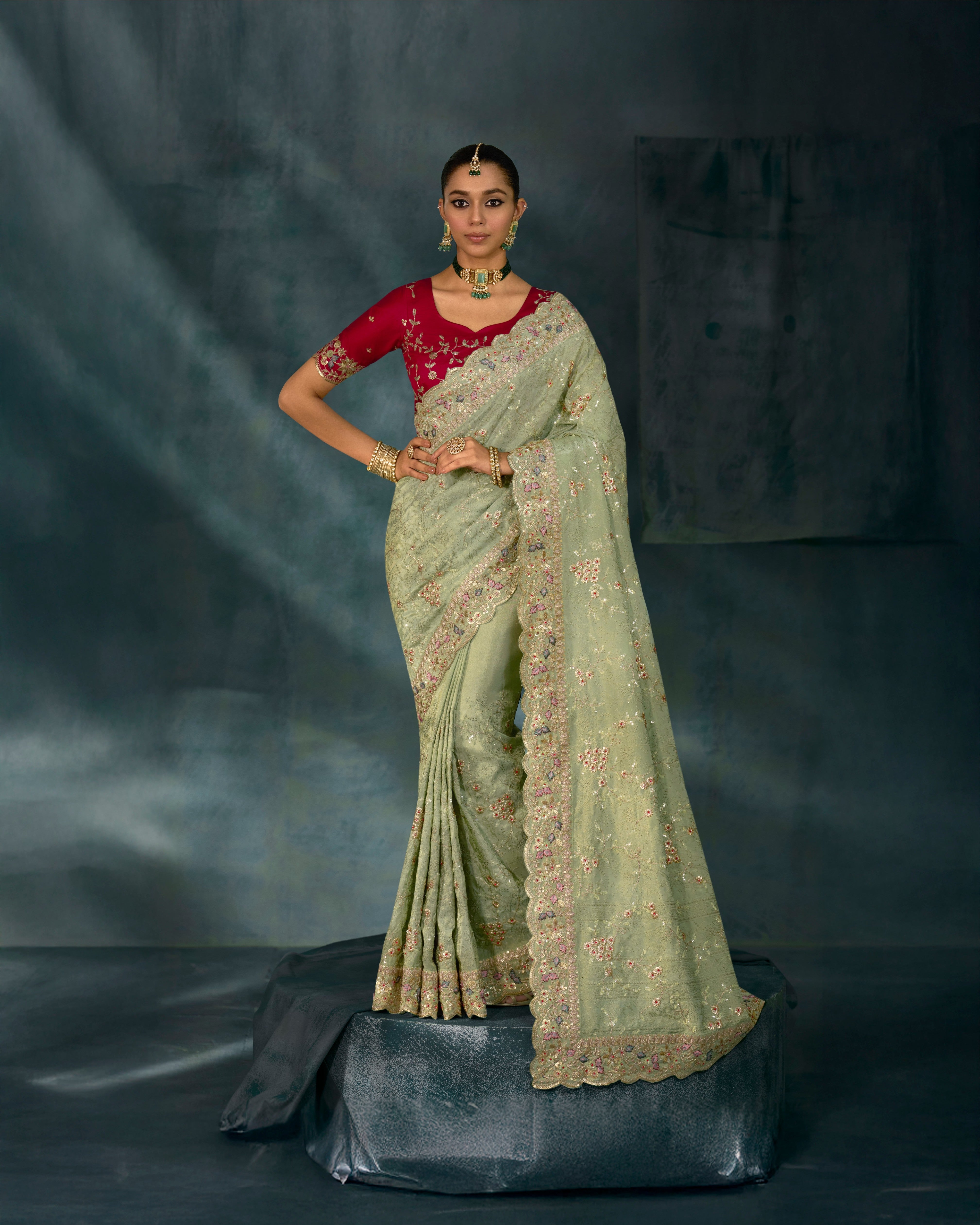 Pista Pure Banarasi Zari Handwork Saree