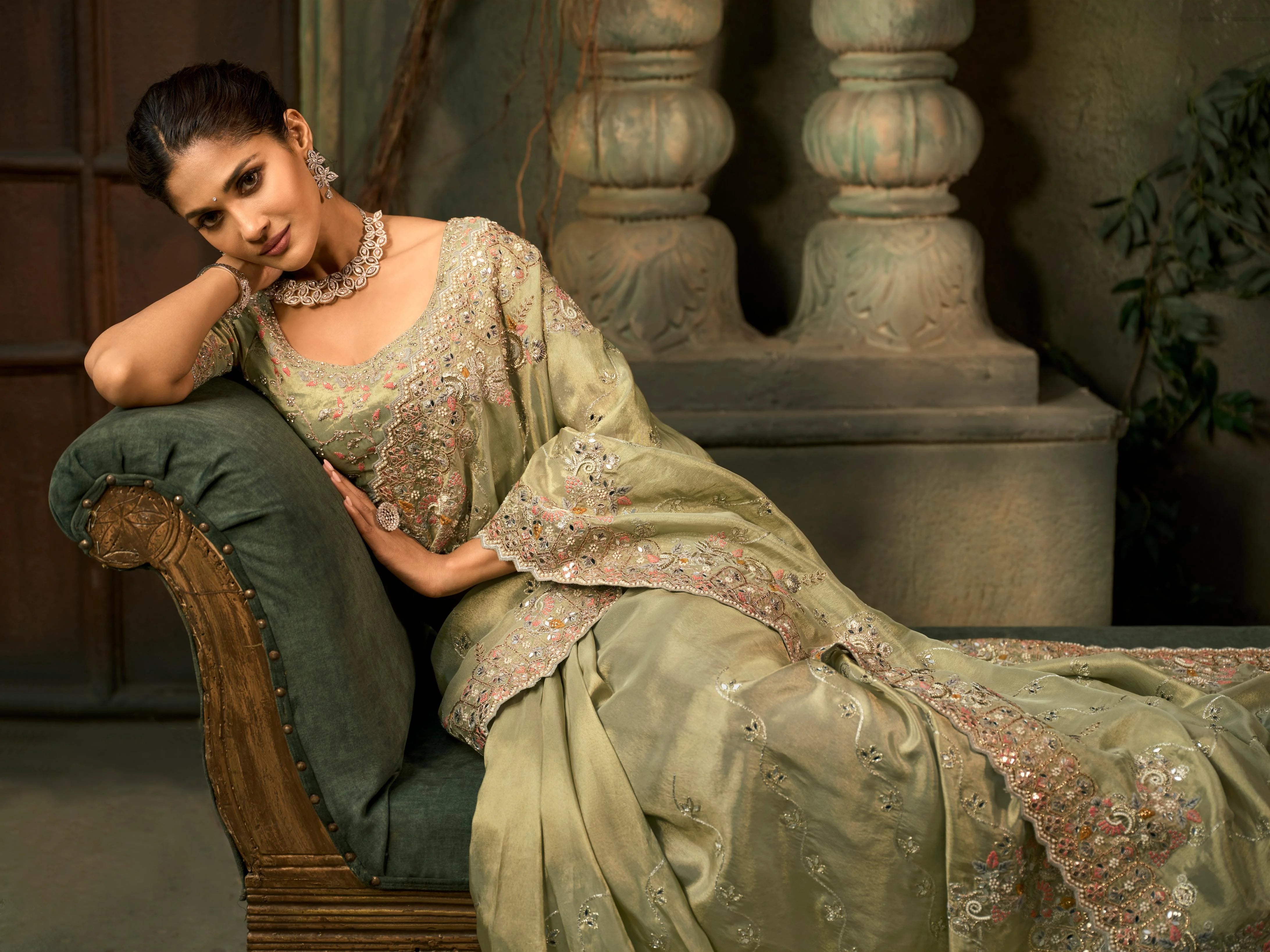 Pure Kanjipuram Silk Wedding Wear Mehendi With Mirror Work