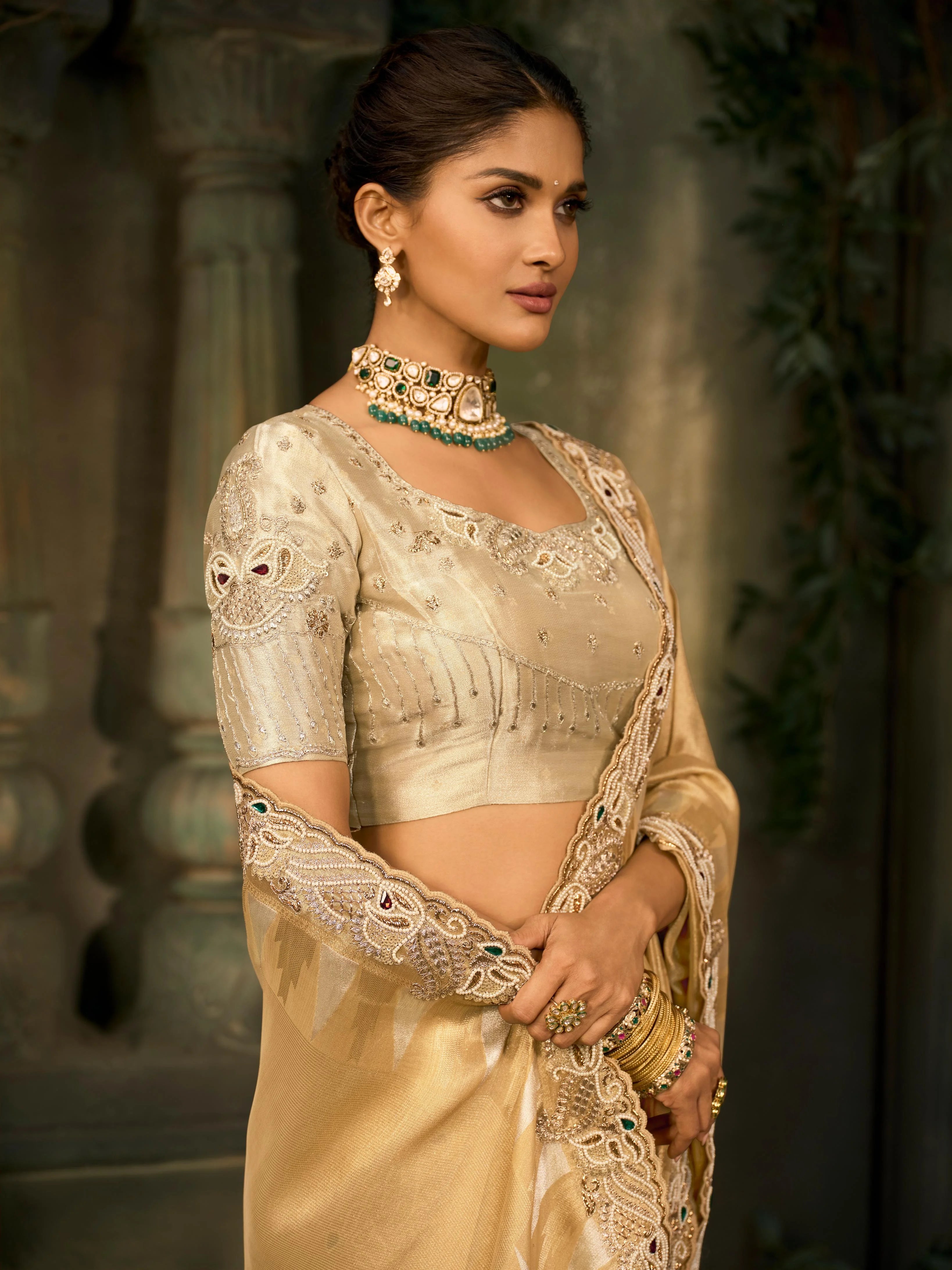 Pure Giraffe Silk Wedding Wear Gold With Mirror Work