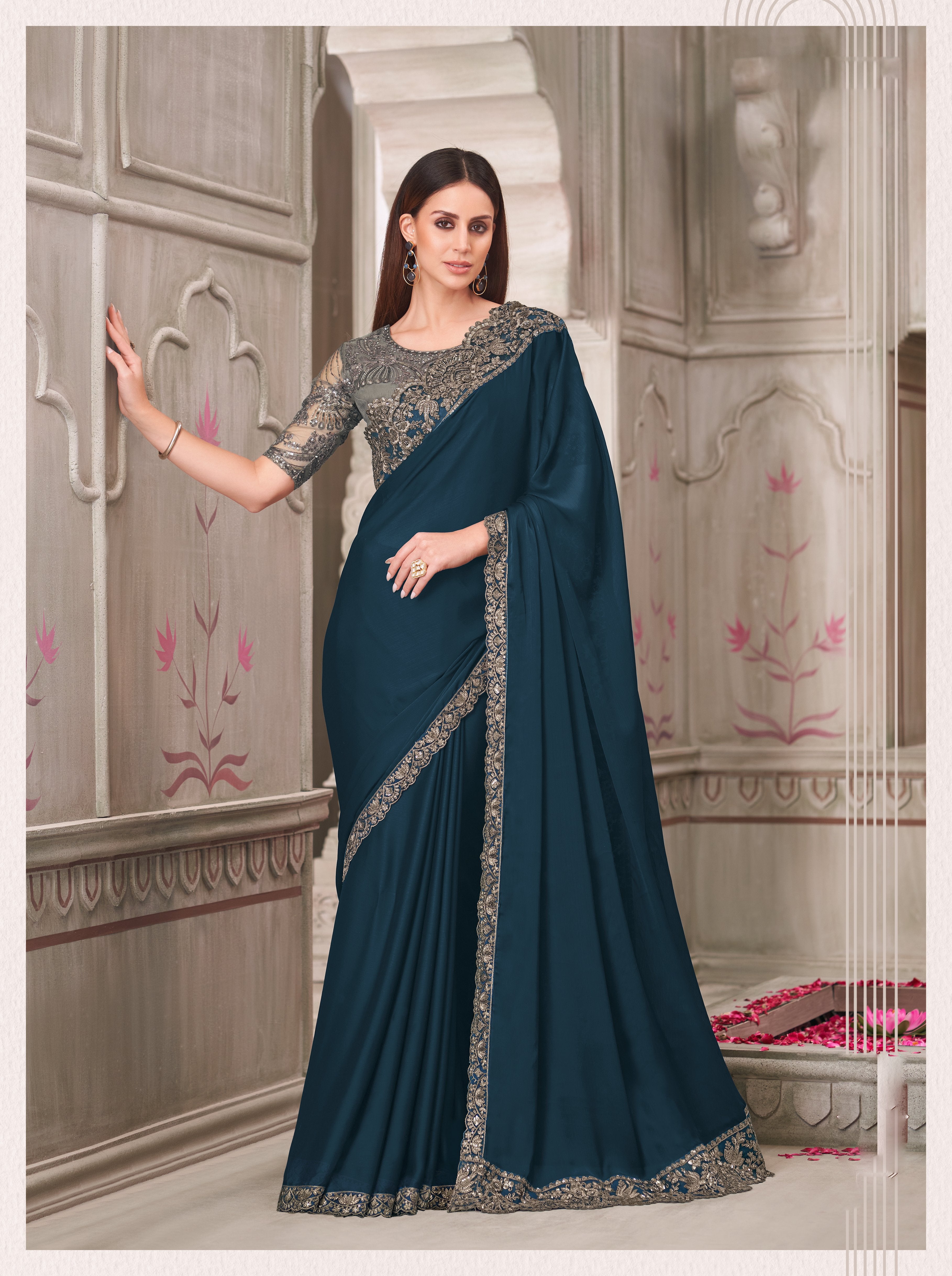 Navy Blue Satin Georgette Silk Handwork Saree