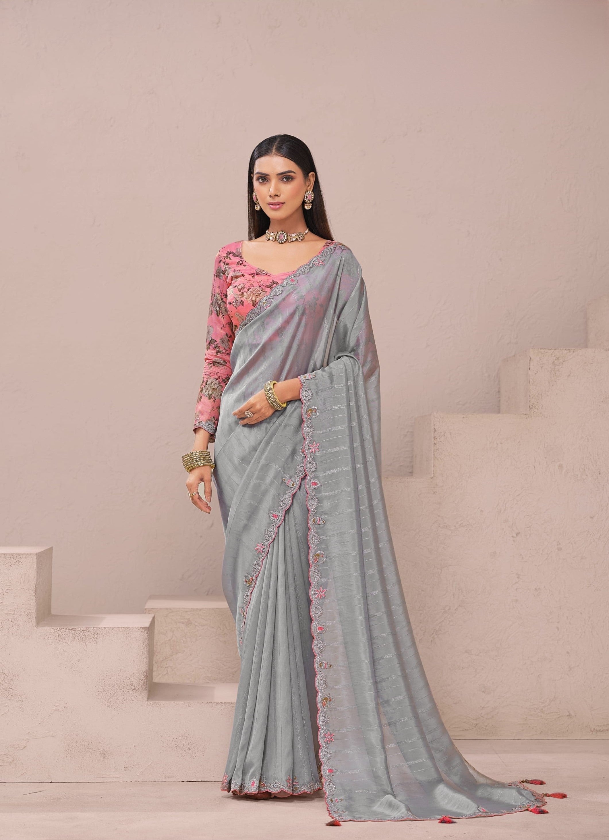 Grey Fancy Designer Heavy Border Work Saree