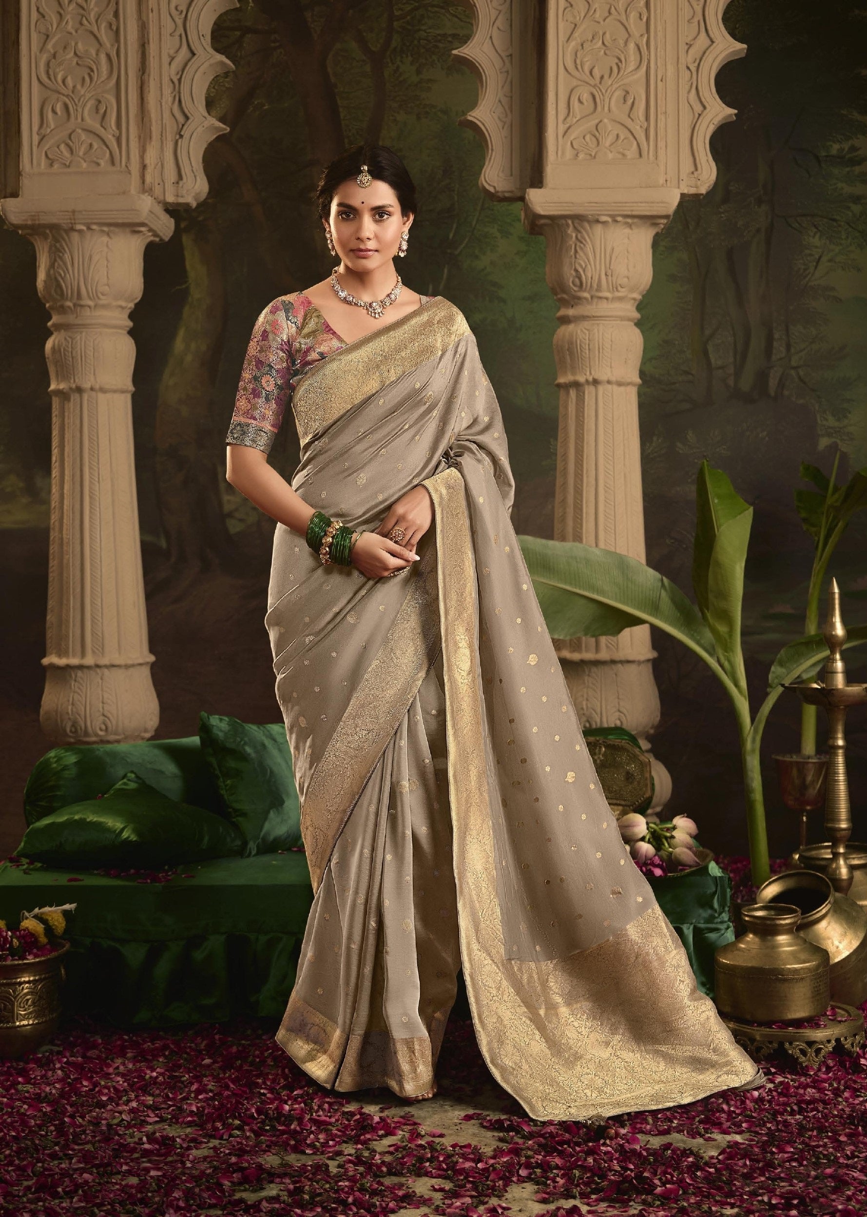 Beige Pure Crepe Dola Silk Zari Work saree